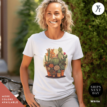 a woman sitting on a couch wearing a t - shirt with a stylized illustration of numerous potted cactus plants and succulent plants, Unisex Succulent Shirt, Plants Lover Shirt, Crazy Plant Lady, Succulent Plants Tee, Cactus Plant t-Shirt, Ga