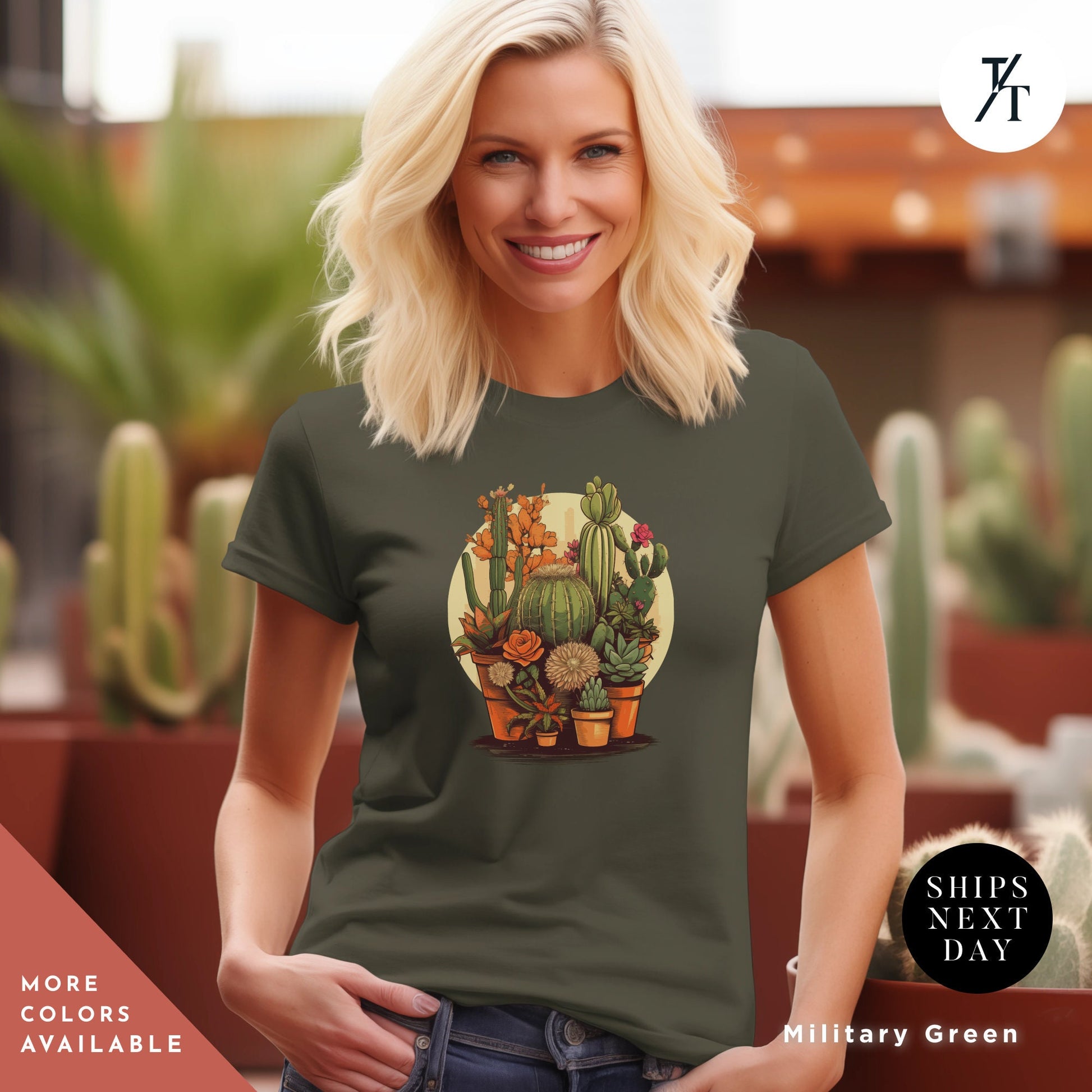 a woman sitting on a couch wearing a t - shirt with a stylized illustration of numerous potted cactus plants and succulent plants, Unisex Succulent Shirt, Plants Lover Shirt, Crazy Plant Lady, Succulent Plants Tee, Cactus Plant t-Shirt, Ga