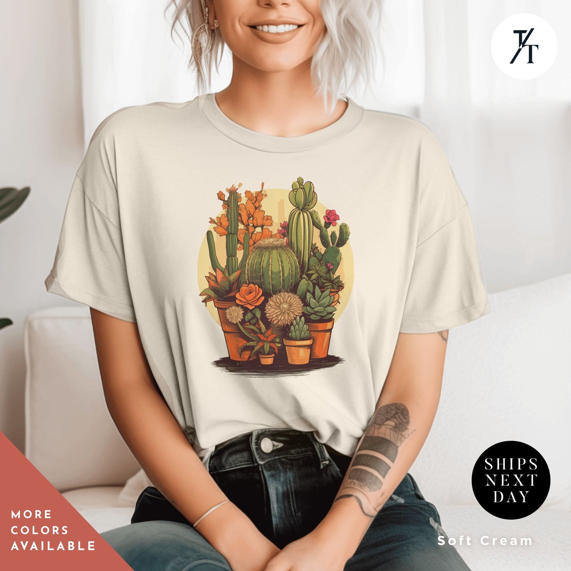 a woman sitting on a couch wearing a t - shirt with a stylized illustration of numerous potted cactus plants and succulent plants, Unisex Succulent Shirt, Plants Lover Shirt, Crazy Plant Lady, Succulent Plants Tee, Cactus Plant t-Shirt, Ga