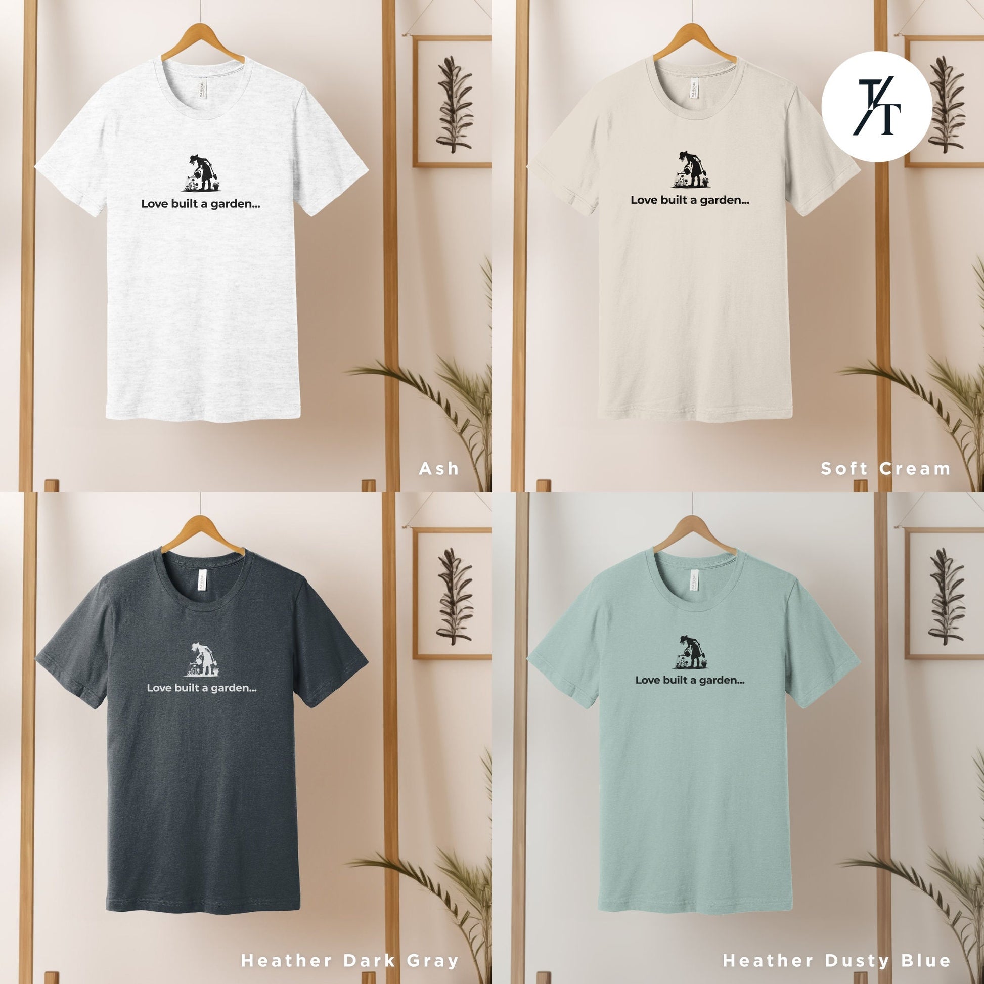 four t - shirts hanging on a wooden rack,  Love built a garden t-shirt, garden shirt bestseller, Gift For Mom, Plant Lady tee, Garden Lover Gift, Peace Love Garden, Farmer Shirt