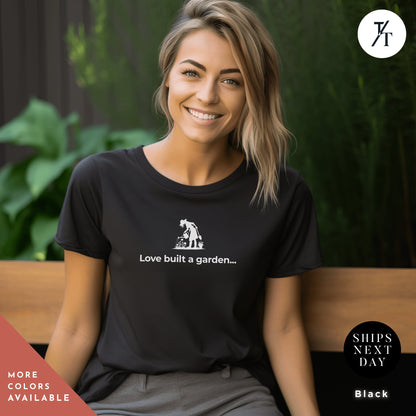 a woman sitting on a bench wearing a black shirt,  Love built a garden t-shirt, garden shirt bestseller, Gift For Mom, Plant Lady tee, Garden Lover Gift, Peace Love Garden, Farmer Shirt
