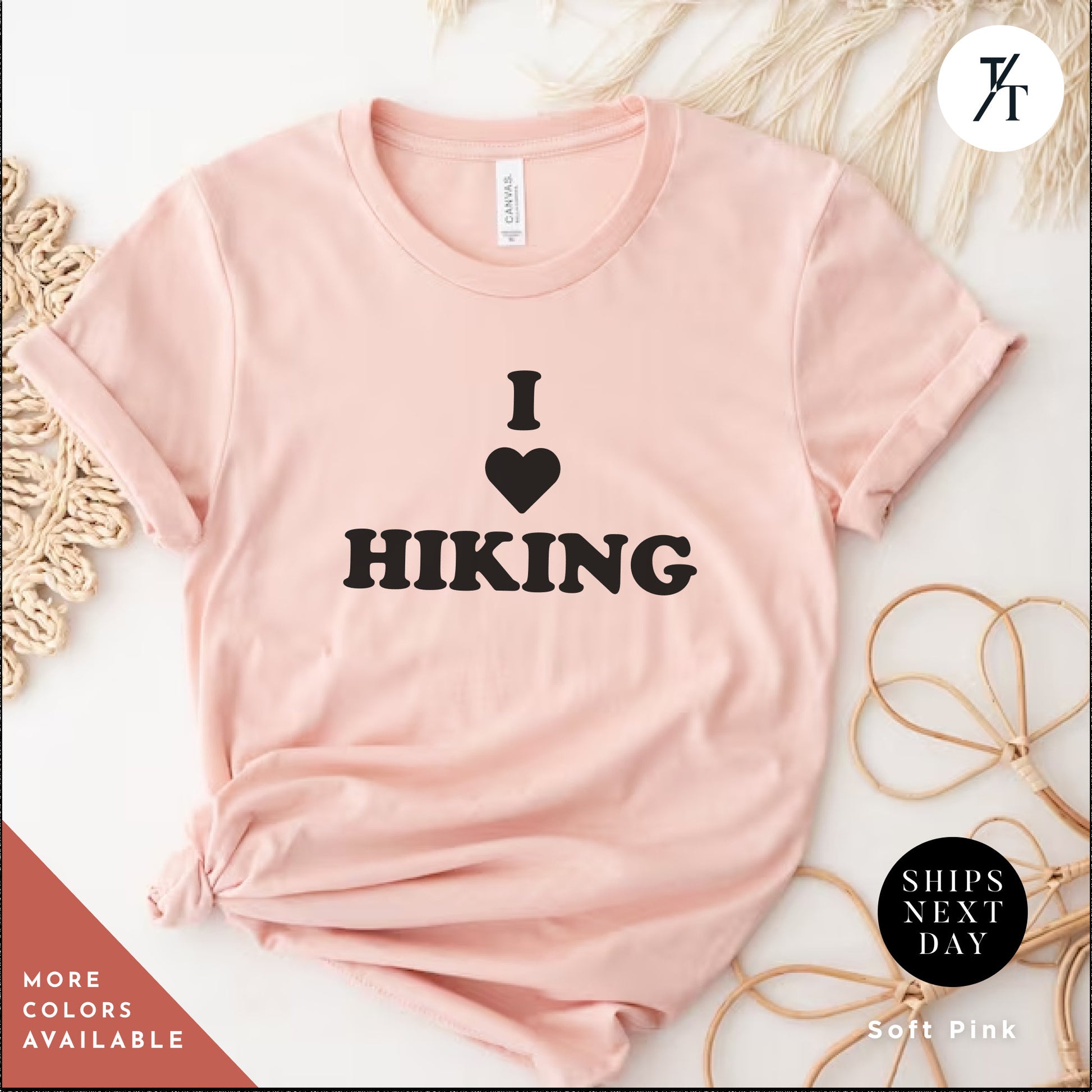 a pink shirt that says i love hiking