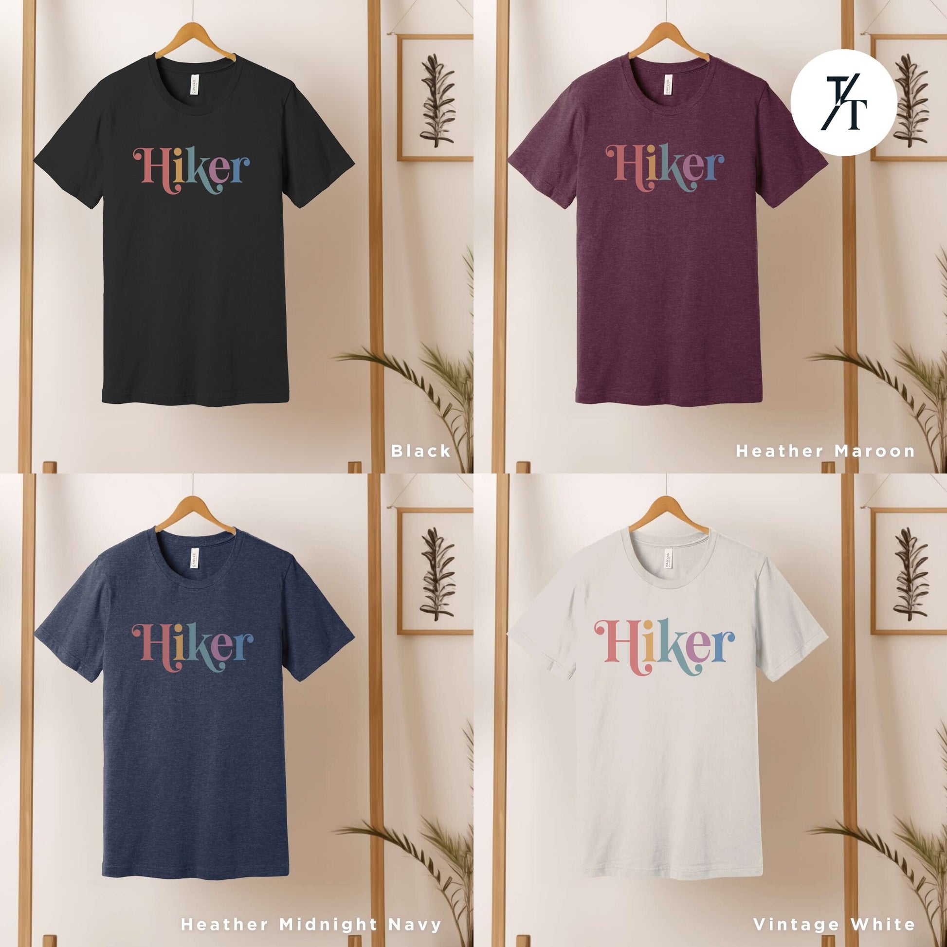four different t - shirts hanging on a wall