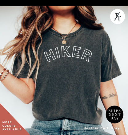 a woman wearing a shirt that says hiker Always Hiking Shirt, Hiking Gift, Nature Shirt, Travel tee, Mountain tShirt, Gift For Hiker, Wanderlust t-Shirt, Camping tshirt, hiking tee
