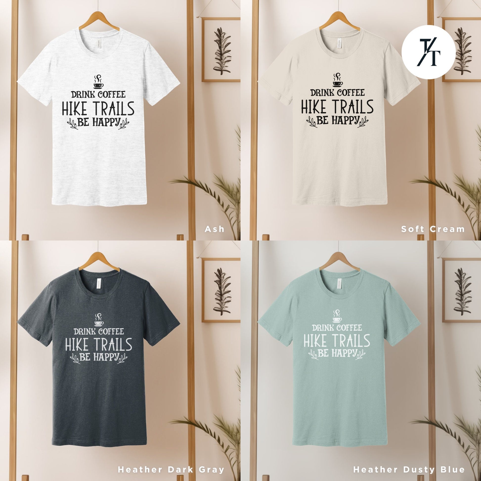 four t - shirts hanging on a wall with the words hike trails printed on them