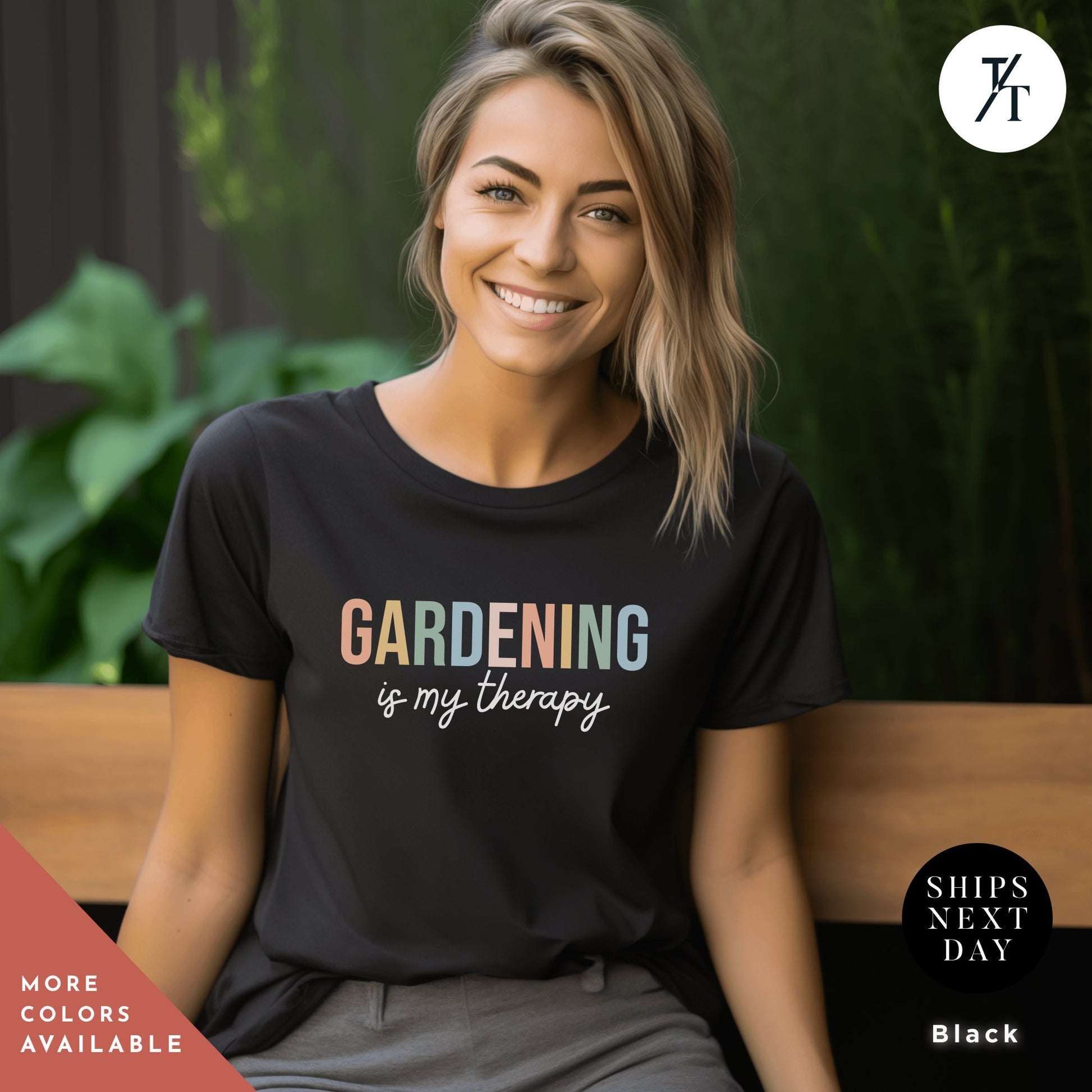 a woman sitting on a bench wearing a black gardening t - shirt