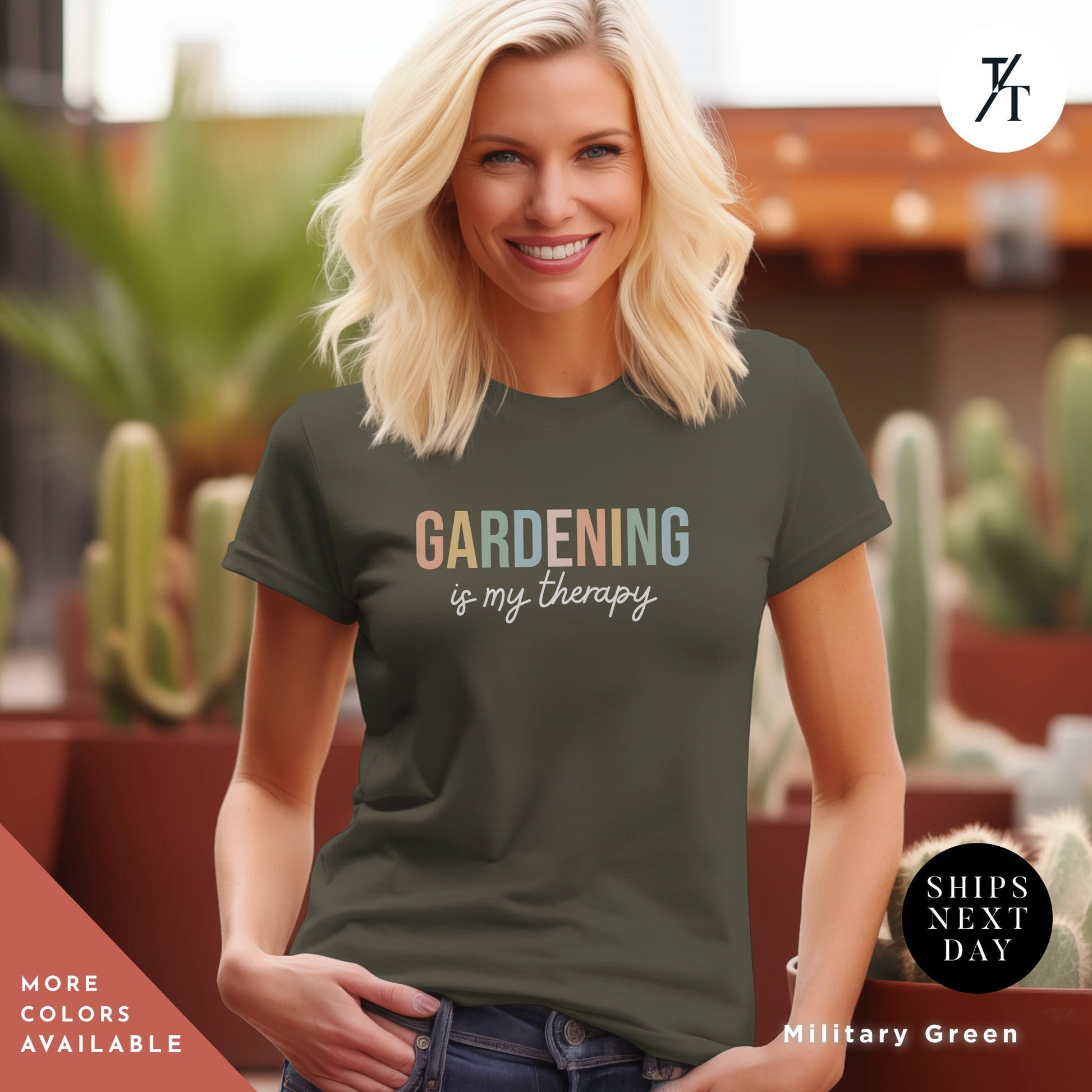 a woman wearing a t - shirt that says gardening is my therapy  Gardening is my Therapy Shirt, garden shirt bestseller, Garden Shirt, Gift For Mom, Plant Lady, Garden Lover Shirt, Gardener tee, Plant tee