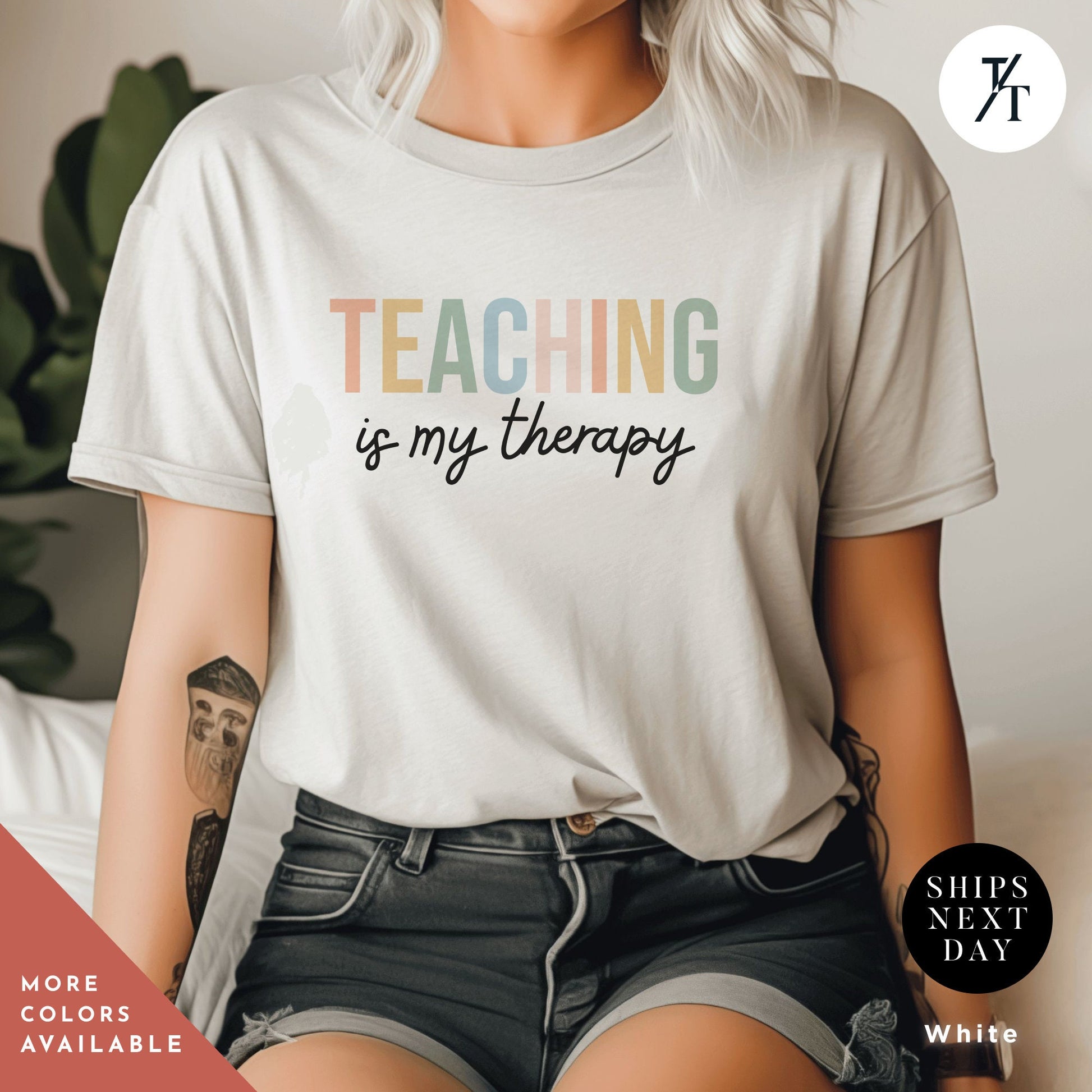 a woman wearing a teaching is my therapy t - shirt, Teacher Team T-Shirt, Teaching is my Therapy, tshirt teacher t shirt best seller, Last Day Of School, Teacher tShirts, Back To School tee