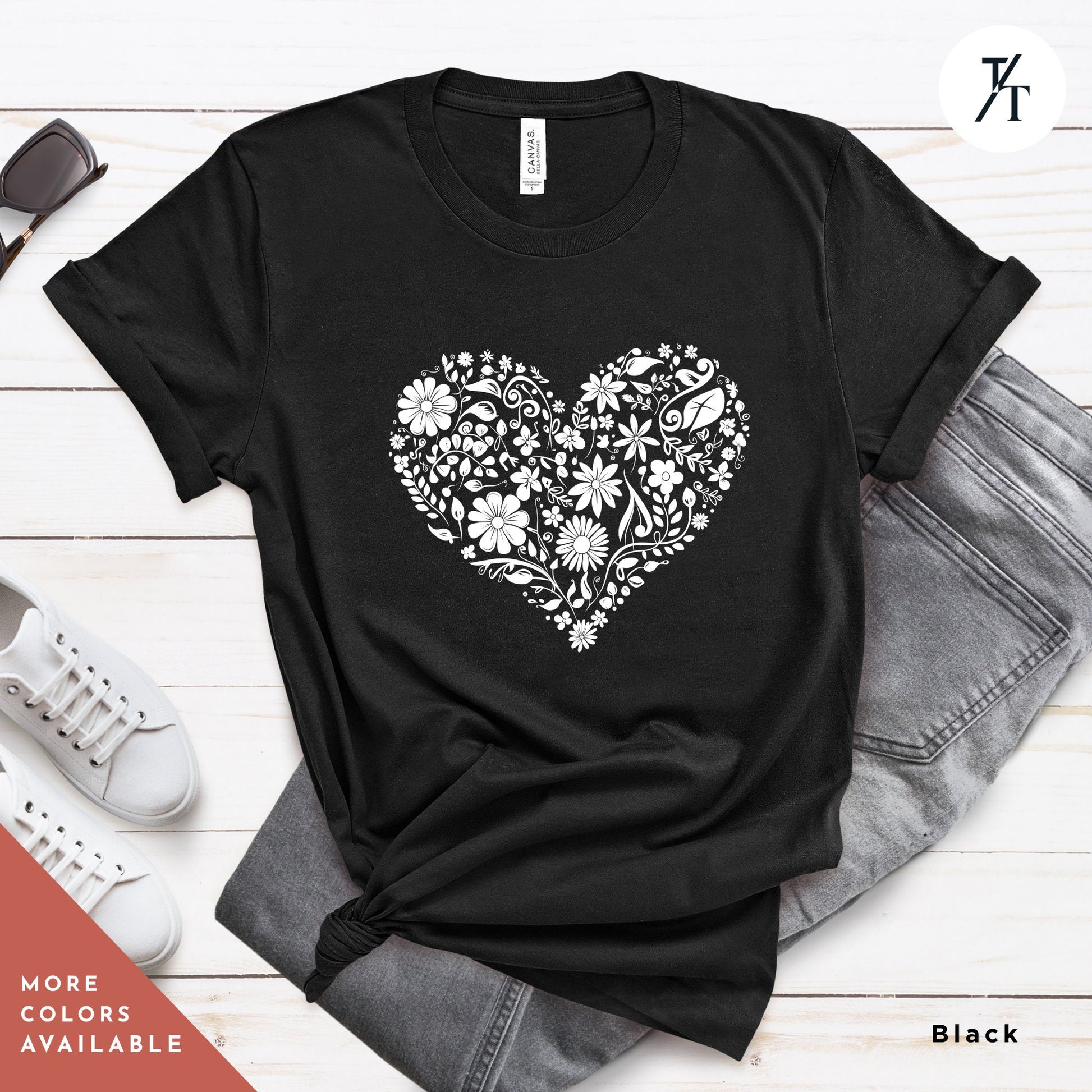 heart with flowers t shirt, Gift For Her, Flower Heart Shirt, Floral Hearts tShirt, Wildflower tee, Botanical Shirts, Flower Hearts TShirt