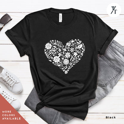 heart with flowers t shirt, Gift For Her, Flower Heart Shirt, Floral Hearts tShirt, Wildflower tee, Botanical Shirts, Flower Hearts TShirt