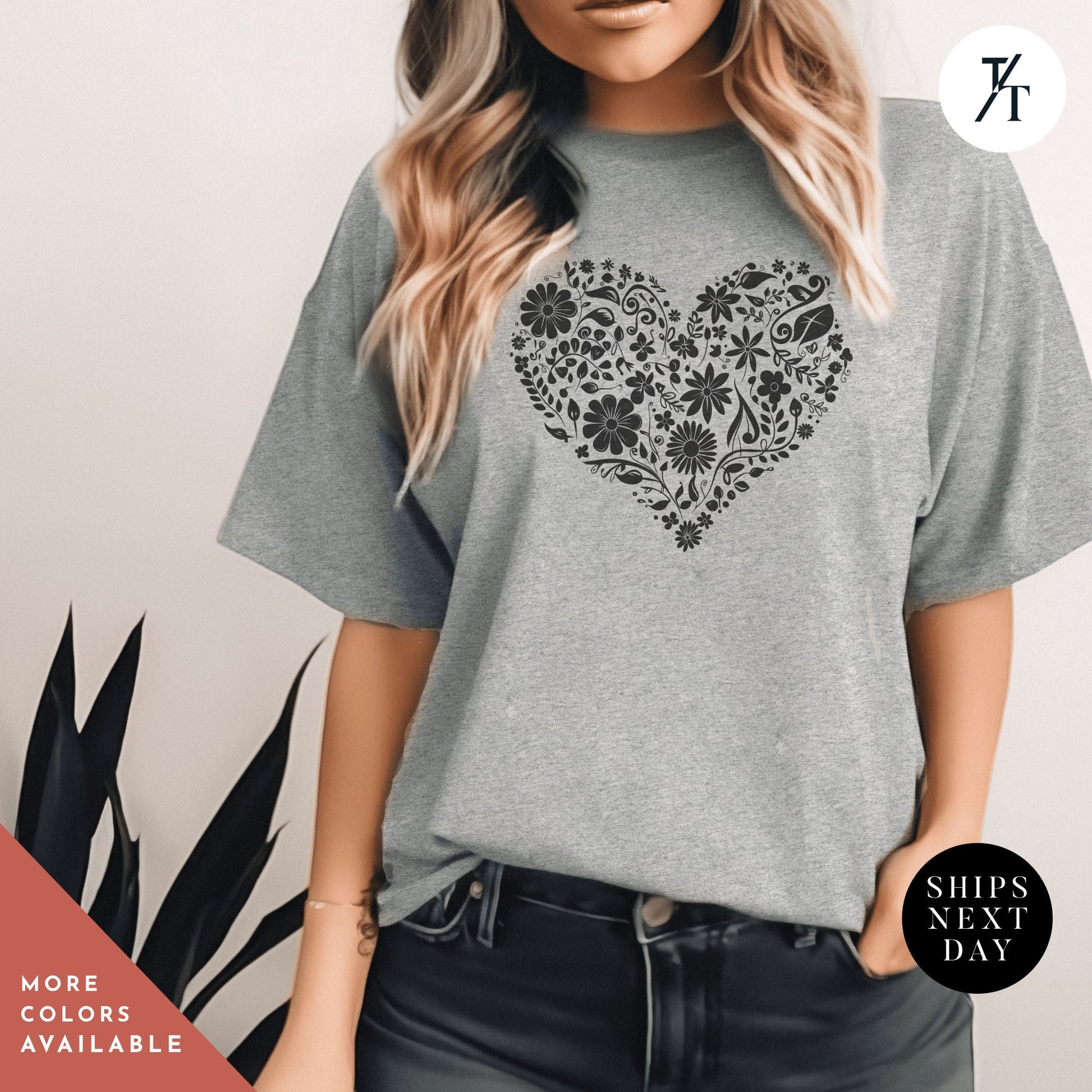 heart with flowers t shirt, Gift For Her, Flower Heart Shirt, Floral Hearts tShirt, Wildflower tee, Botanical Shirts, Flower Hearts TShirt