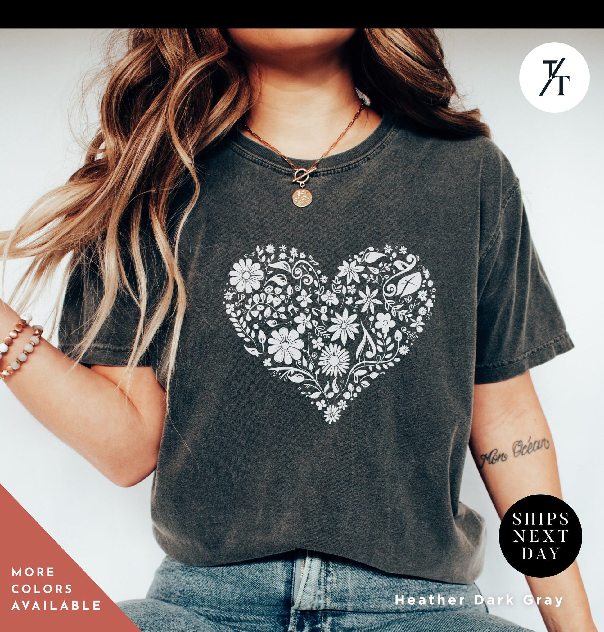 heart with flowers t shirt, Gift For Her, Flower Heart Shirt, Floral Hearts tShirt, Wildflower tee, Botanical Shirts, Flower Hearts TShirt