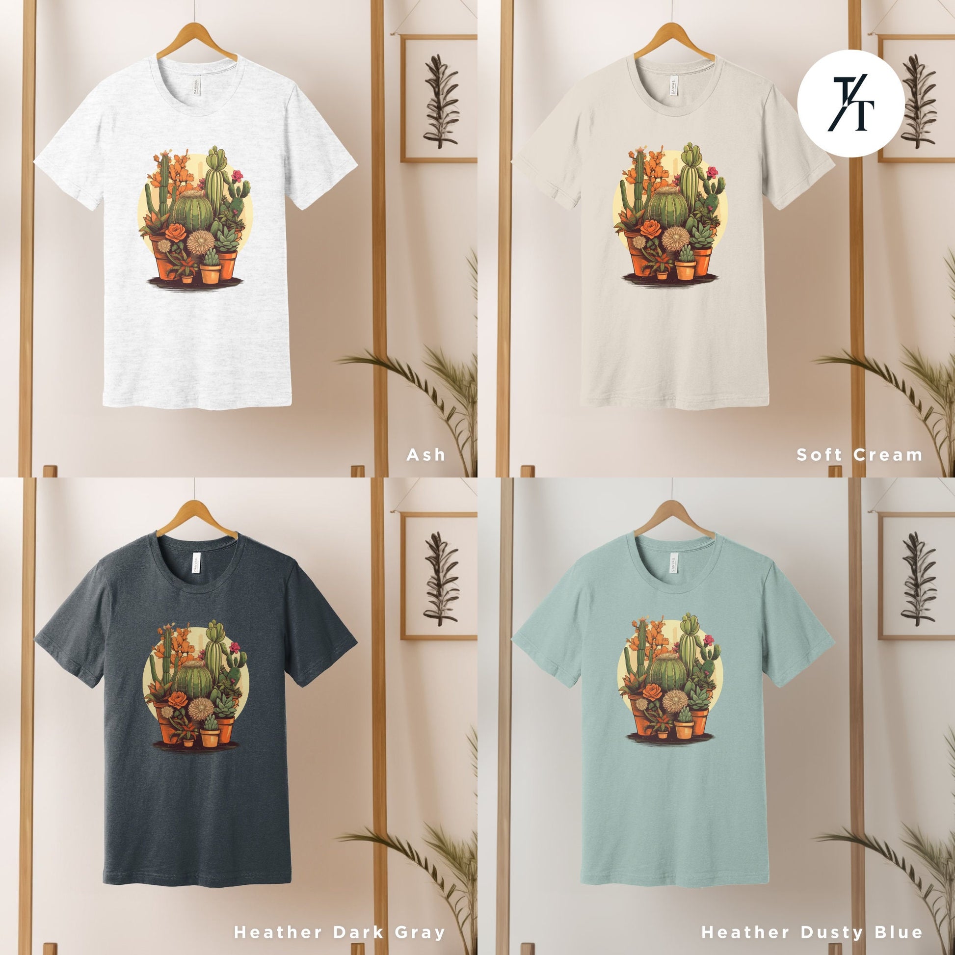 a bunch of t - shirts that are on a rack, with a stylized illustration of numerous potted cactus plants and succulent plants, Unisex Succulent Shirt, Plants Lover Shirt, Crazy Plant Lady, Succulent Plants Tee, Cactus Plant t-Shirt, Ga