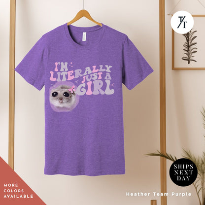 a t - shirt with a picture of a sad hamster on it, a woman wearing a t - shirt with a sad hamster on it,  Sad Hamster Tshirt | Gift For Her | Unisex Tee | I&#39;M Just A Girl Sad Hamster Meme T-Shirt | Cute Coquette Hamster Meme | Meme Tiktok
