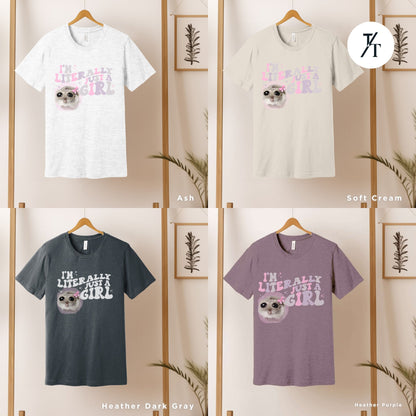 a group of t - shirts with different designs on them, a woman wearing a t - shirt with a sad hamster on it,  Sad Hamster Tshirt | Gift For Her | Unisex Tee | I&#39;M Just A Girl Sad Hamster Meme T-Shirt | Cute Coquette Hamster Meme | Meme Tiktok