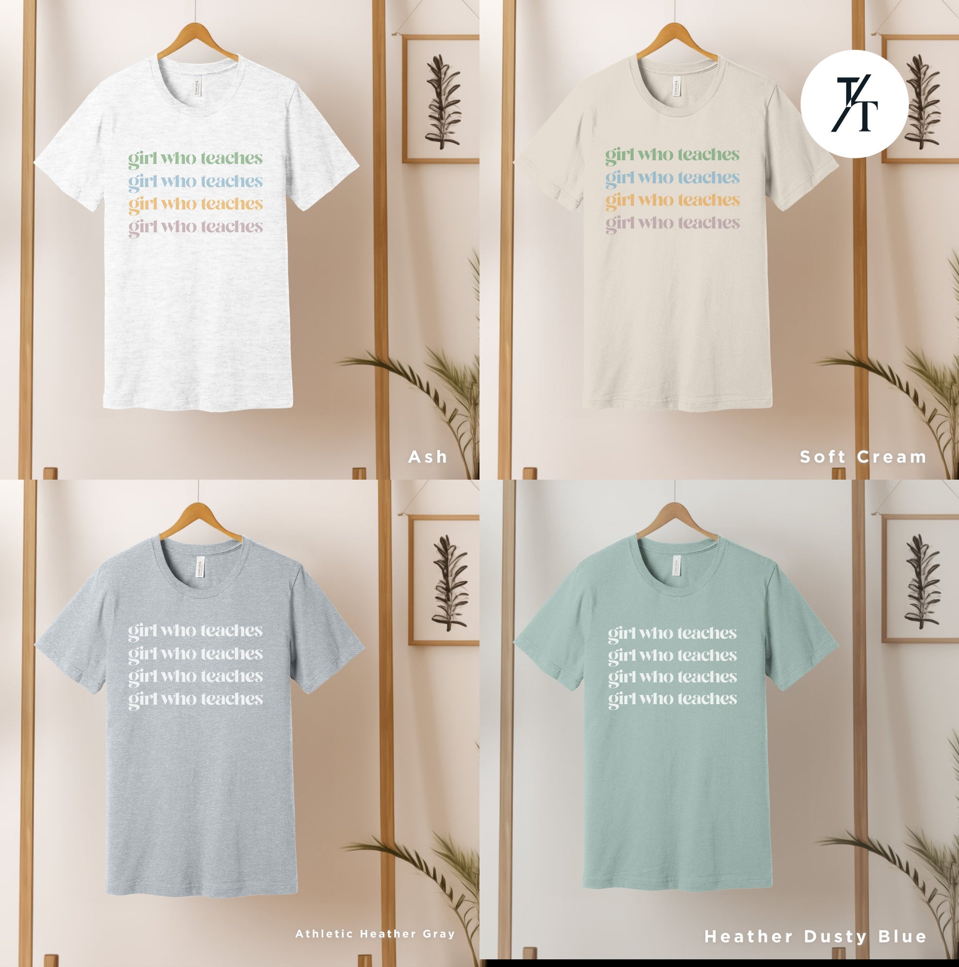 four t - shirts hanging on a wall with a plant next to them