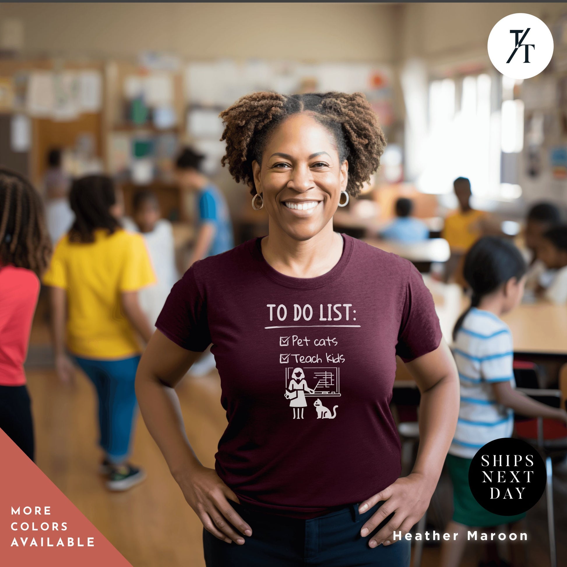 a woman standing in a classroom with her hands on her hips