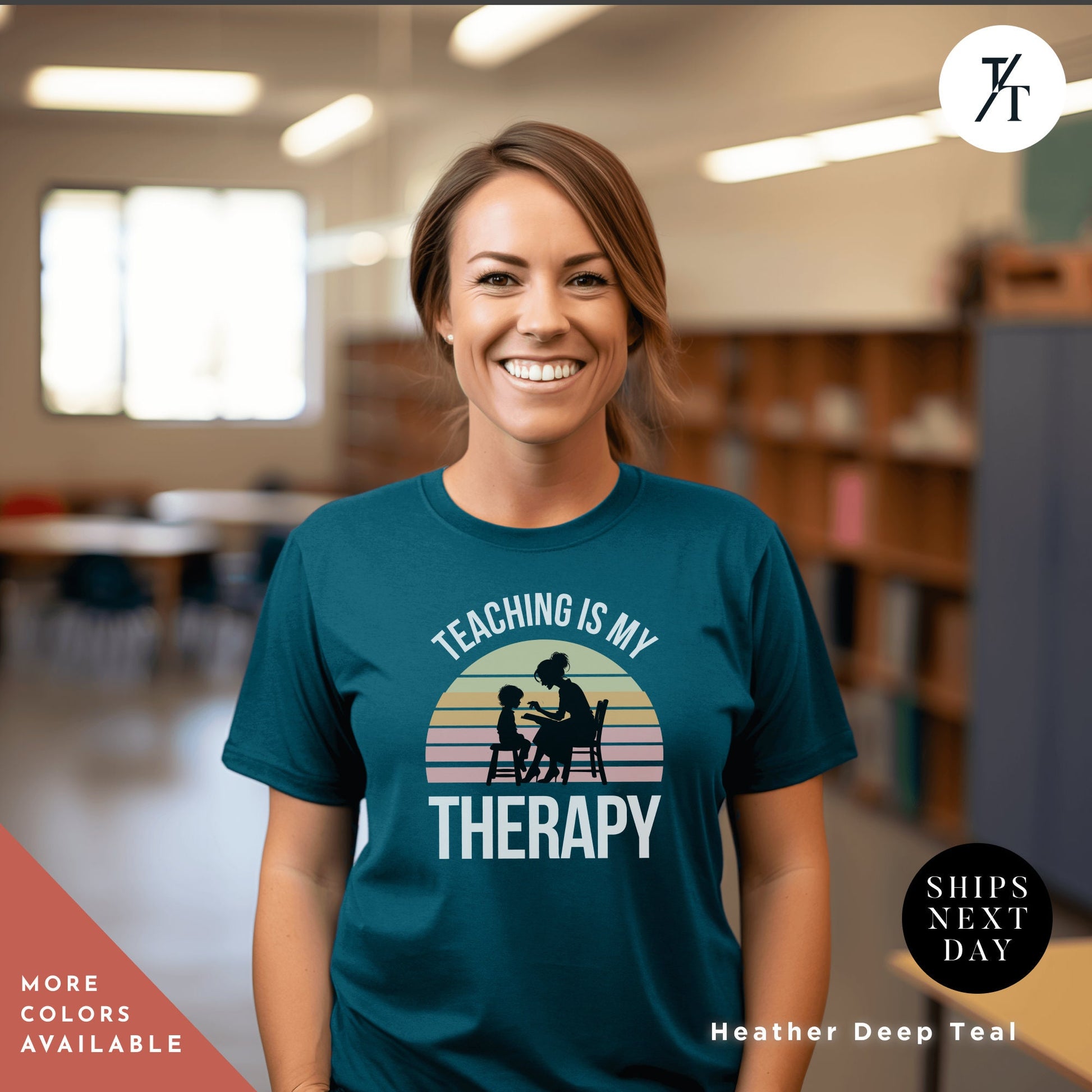 a woman wearing a teaching is my therapy t - shirt