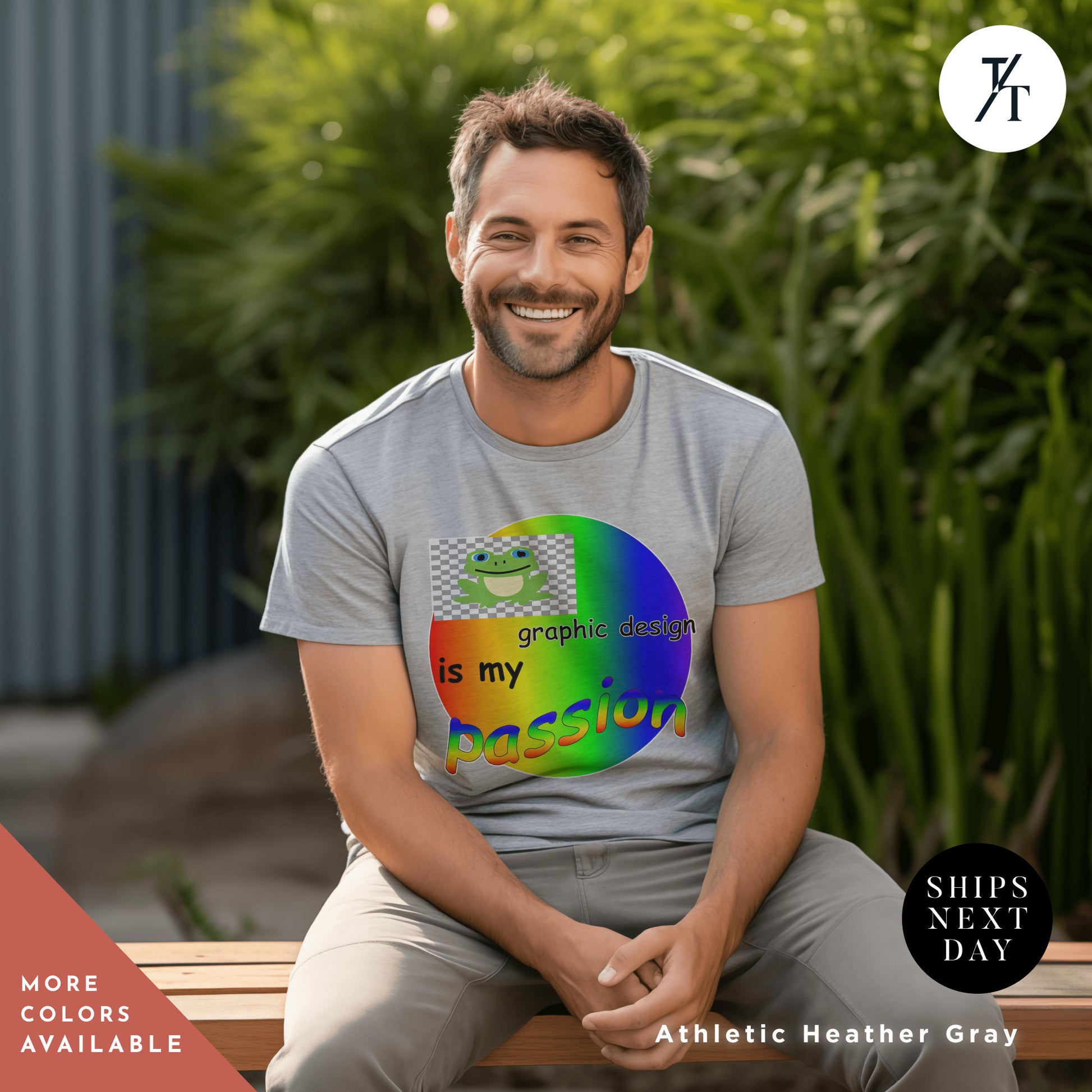 a man sitting on a bench wearing a t - shirtGraphic Design Is My Passion funny shirt, Unisex T, Graphic Designer Gift, Bad Design Is Better, Graphic Design Meme, Cool Gift Designer