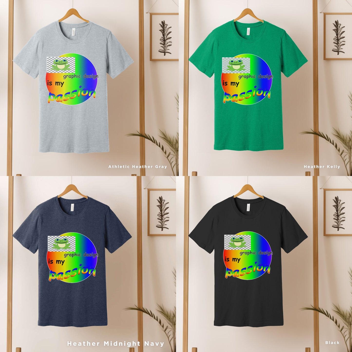 four t - shirts with different colors and designs on themGraphic Design Is My Passion funny shirt, Unisex T, Graphic Designer Gift, Bad Design Is Better, Graphic Design Meme, Cool Gift Designer