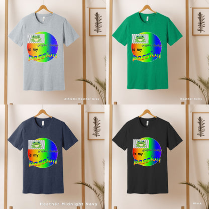 four t - shirts with different colors and designs on themGraphic Design Is My Passion funny shirt, Unisex T, Graphic Designer Gift, Bad Design Is Better, Graphic Design Meme, Cool Gift Designer