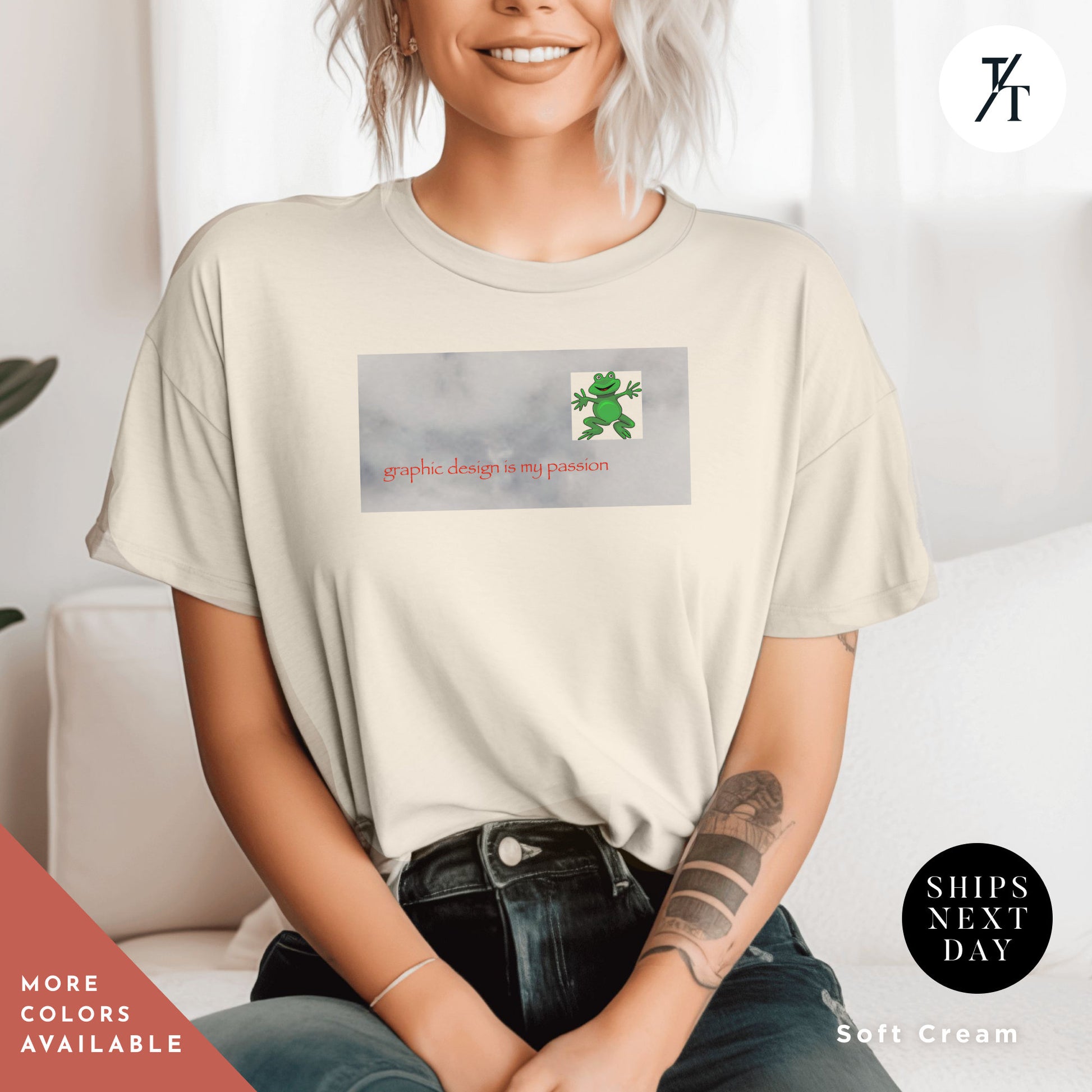 a woman sitting on a couch wearing a white shirtGraphic Design Is My Passion funny shirt, Unisex T, Graphic Designer Gift, Bad Design Is Better, Graphic Design Meme, Cool Gift Designer