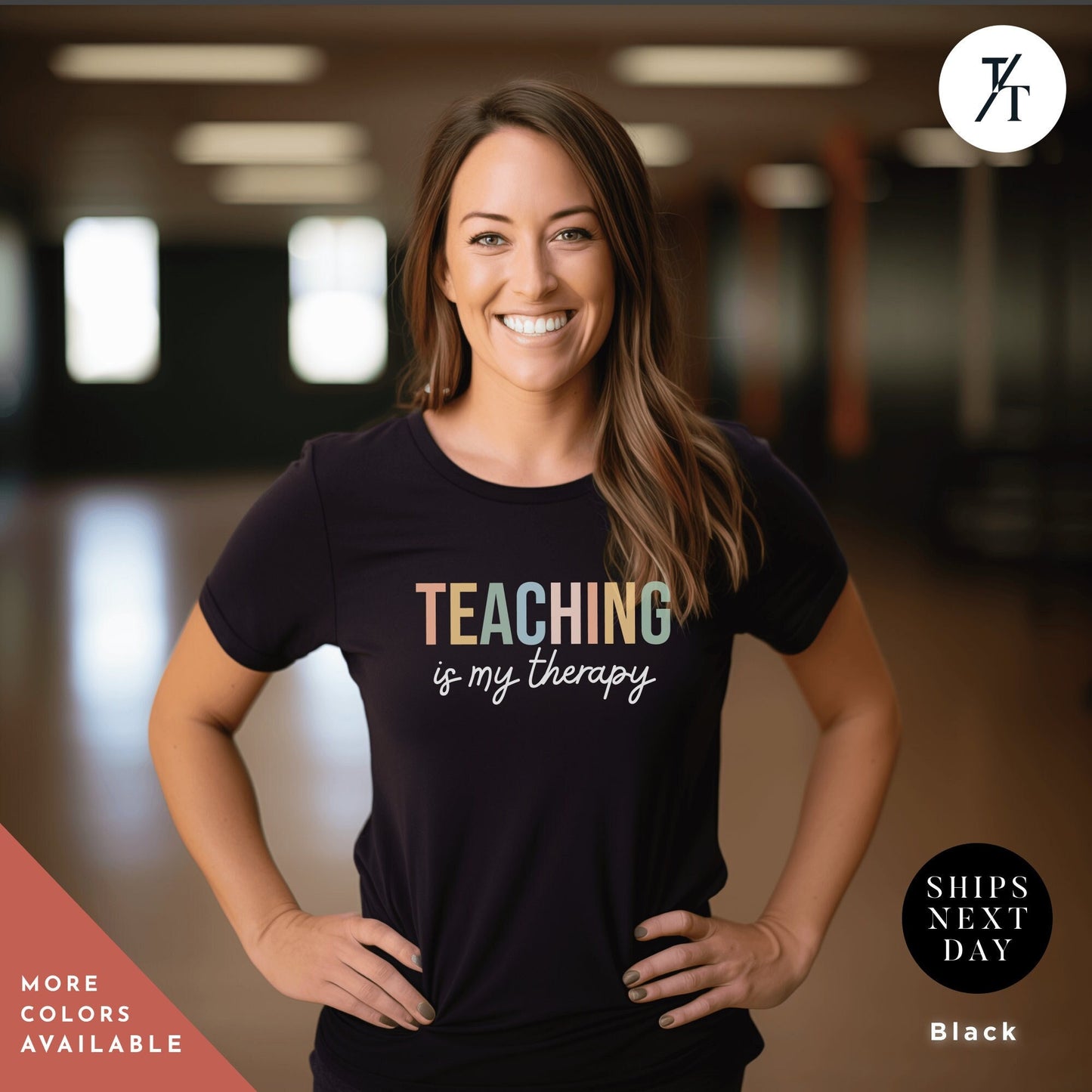 a smiling woman with her hands on her hips, Teacher Team T-Shirt, Teaching is my Therapy, tshirt teacher t shirt best seller, Last Day Of School, Teacher tShirts, Back To School tee