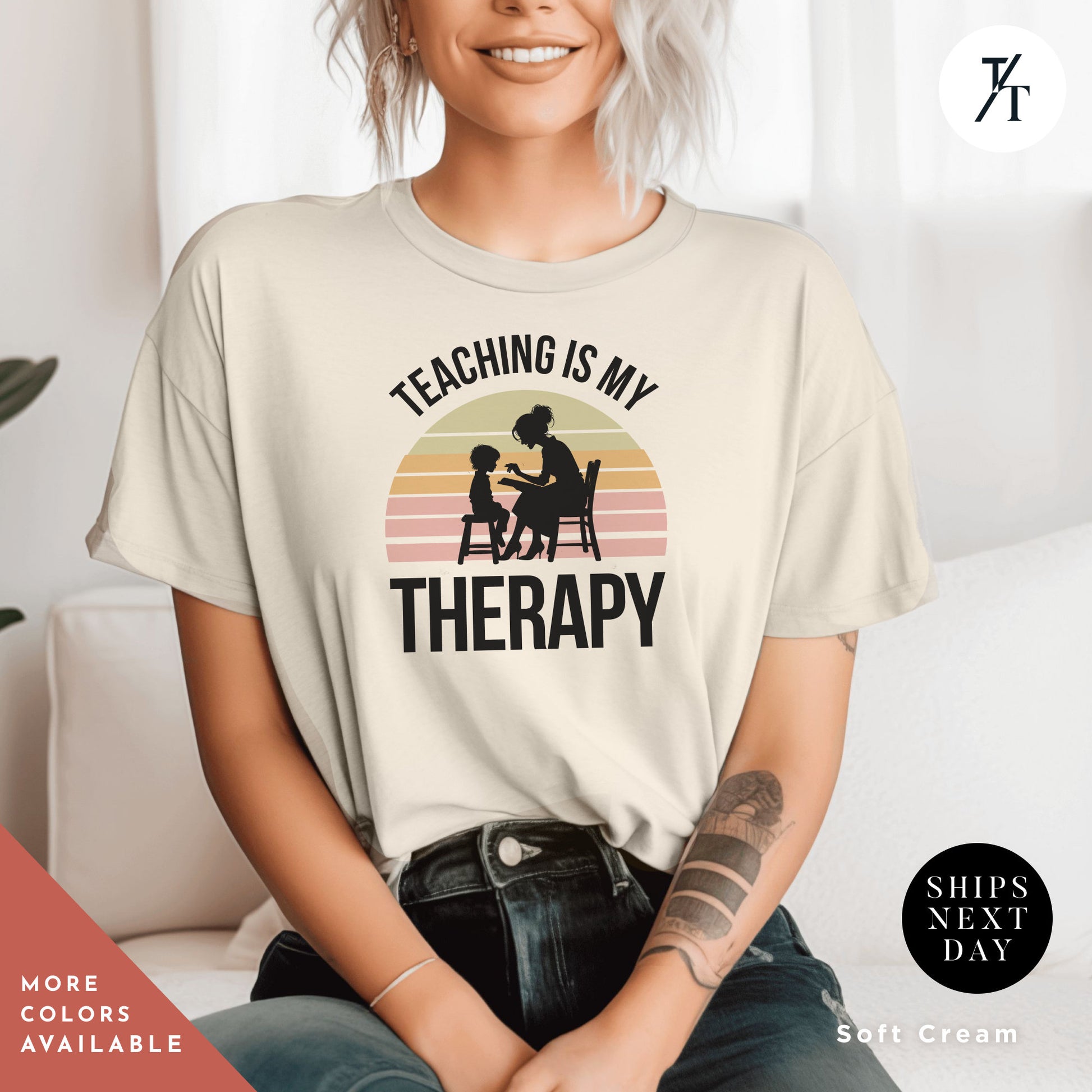 a woman wearing a teaching is my therapy t - shirt
