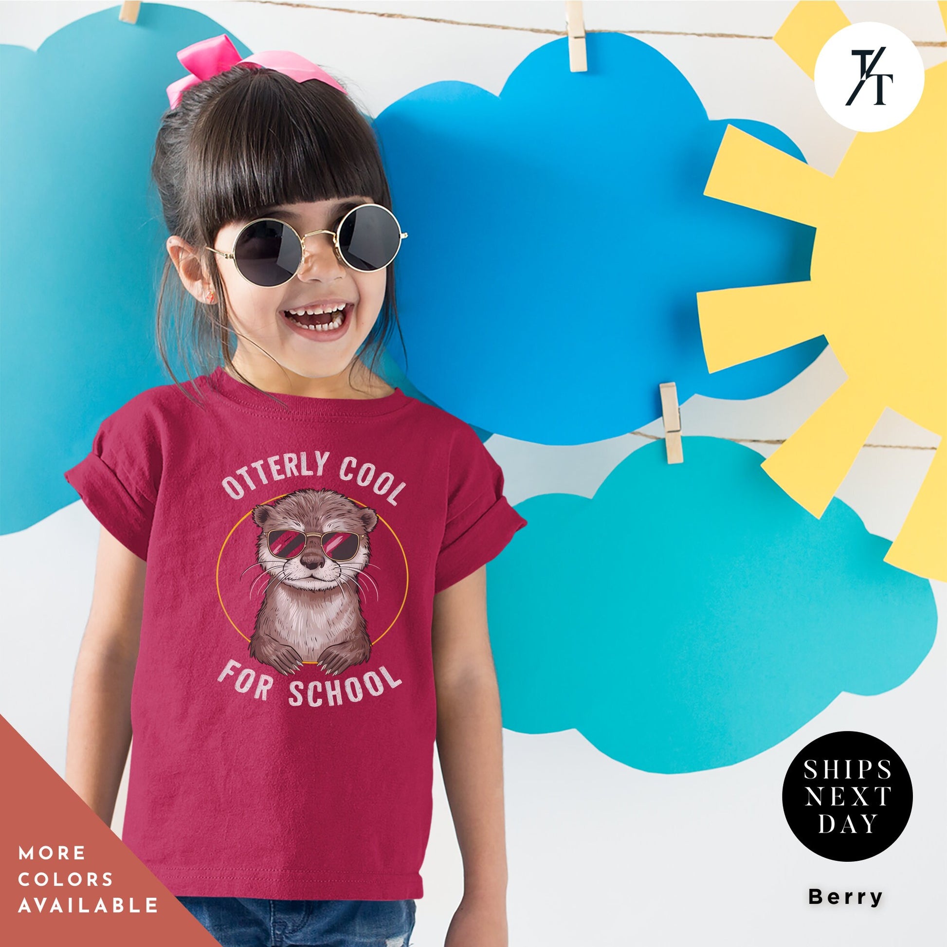 a little girl wearing a red shirt with a otter on it, Otter shirt kids, Kids Otter T-Shirt, Back To School tee, Otters Gift Kid, Otters Lover Gift, Funny Kid Shirt, Animals tShirt for children
