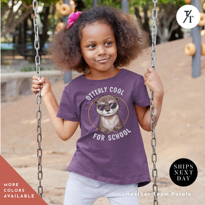 a young girl holding onto a swing with the words ottery cool for school on, Otter shirt kids, Kids Otter T-Shirt, Back To School tee, Otters Gift Kid, Otters Lover Gift, Funny Kid Shirt, Animals tShirt for children