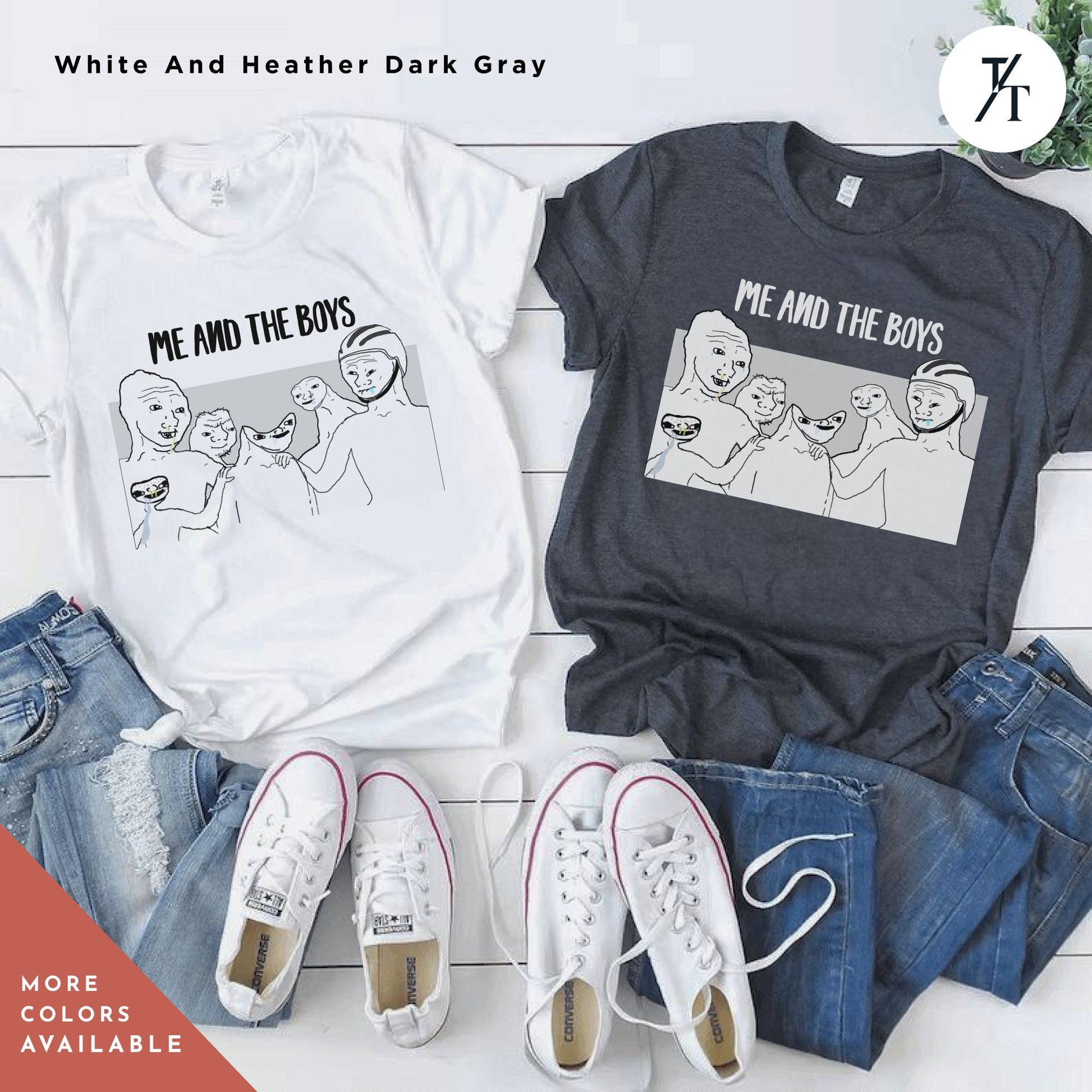 a couple of t - shirts that are on a table,  Ironic Parody Meme, Funny Meme Shirt, Feels Guy, Wojak Memes, Stupid Funny Memes, Greentext 4Chan, Zoomer Humor, Pepe The Frog, Weird TShirt