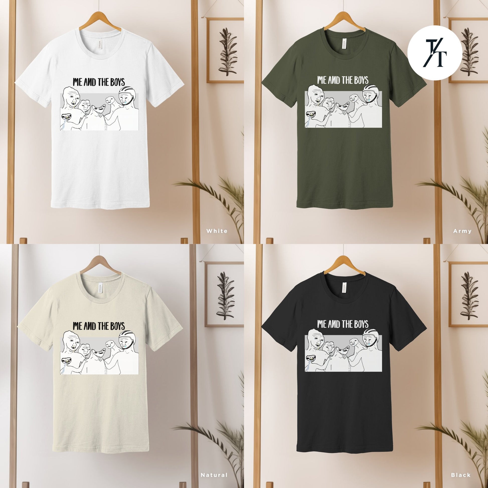 four t - shirts hanging up on a wall , Ironic Parody Meme, Funny Meme Shirt, Feels Guy, Wojak Memes, Stupid Funny Memes, Greentext 4Chan, Zoomer Humor, Pepe The Frog, Weird TShirt