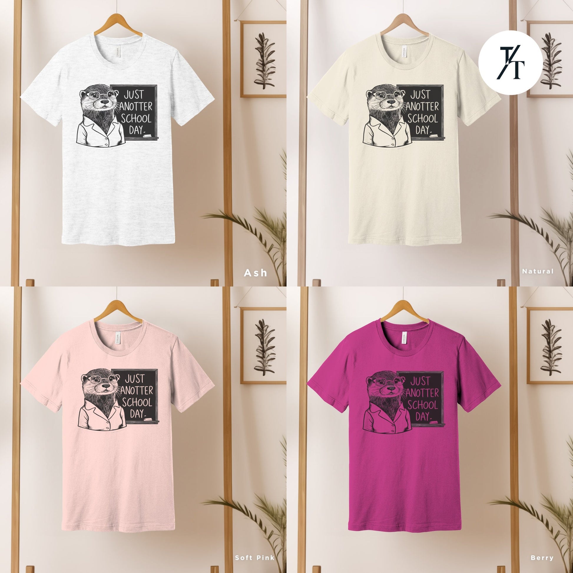 four t - shirts hanging on a wall with a plant in front of them, Sea otter t-shirt, Gift For Teacher, Otter Lover Gift, Funny Teacher Shirt, Back To School Gift, Ottermom tShirt, Sea Otters tee