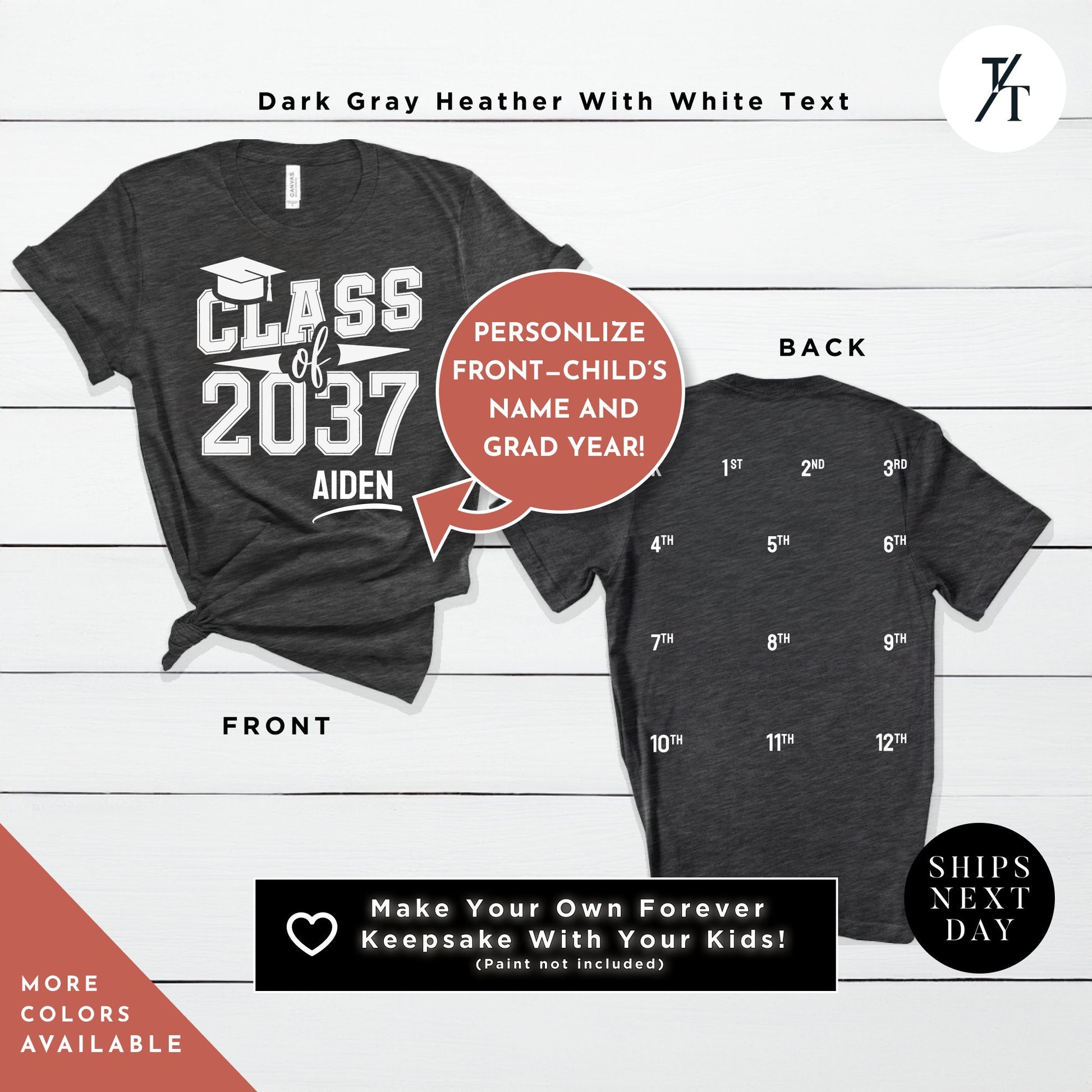 a t - shirt that says class of 2013 and a t - shirt that says Class of 2037 Shirt and Handprint, First Day Of School Memory Handprint Space, Kindergarten Shirt, Custom Graduation Shirts, Grow With Me