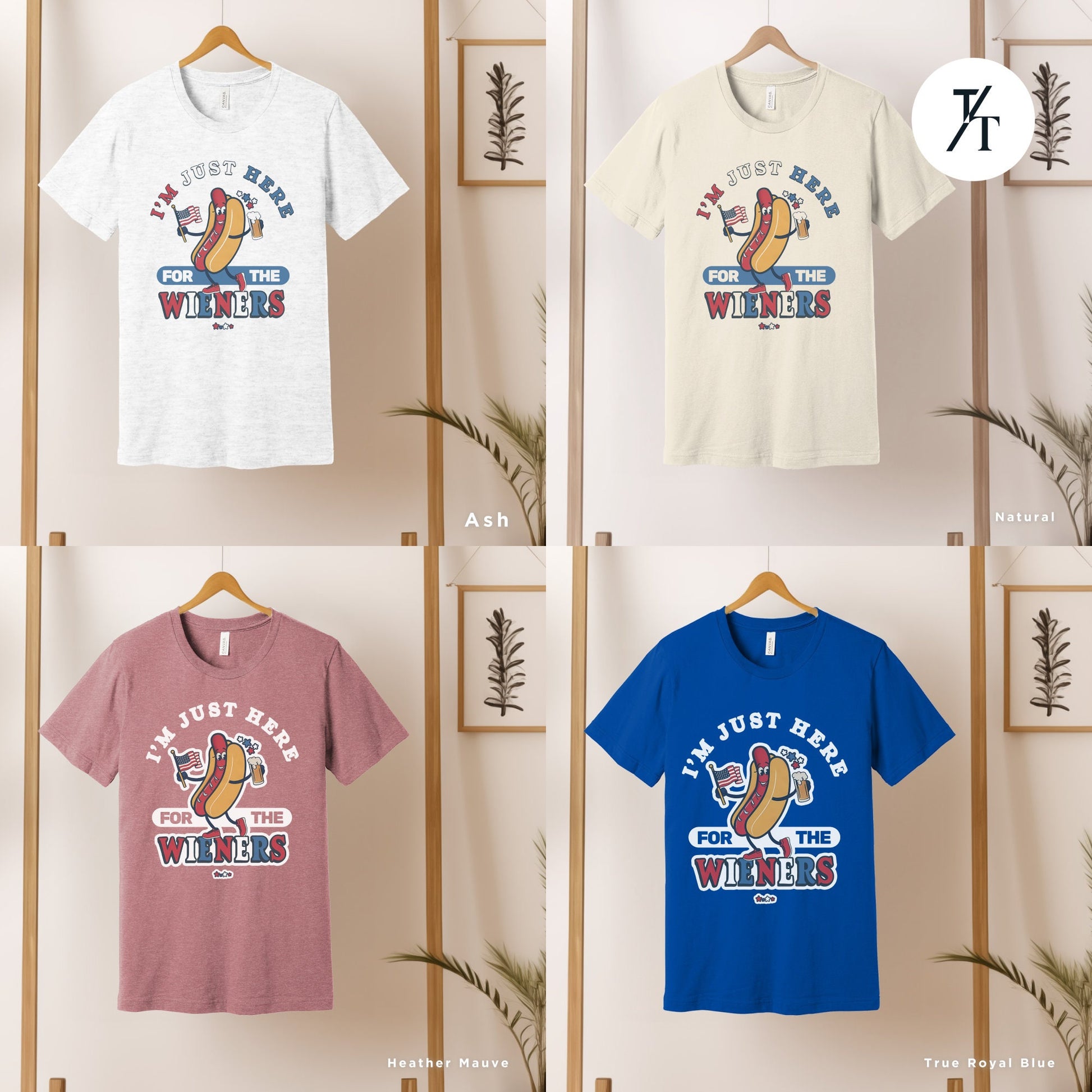 four t - shirts hanging on a wooden rack, Hot dog I&#39;m just here for the wieners shirt, Retro 4Th Of July tee, Funny 4Th Of July Shirt, Independence Day tshirt, Here For The Wieners