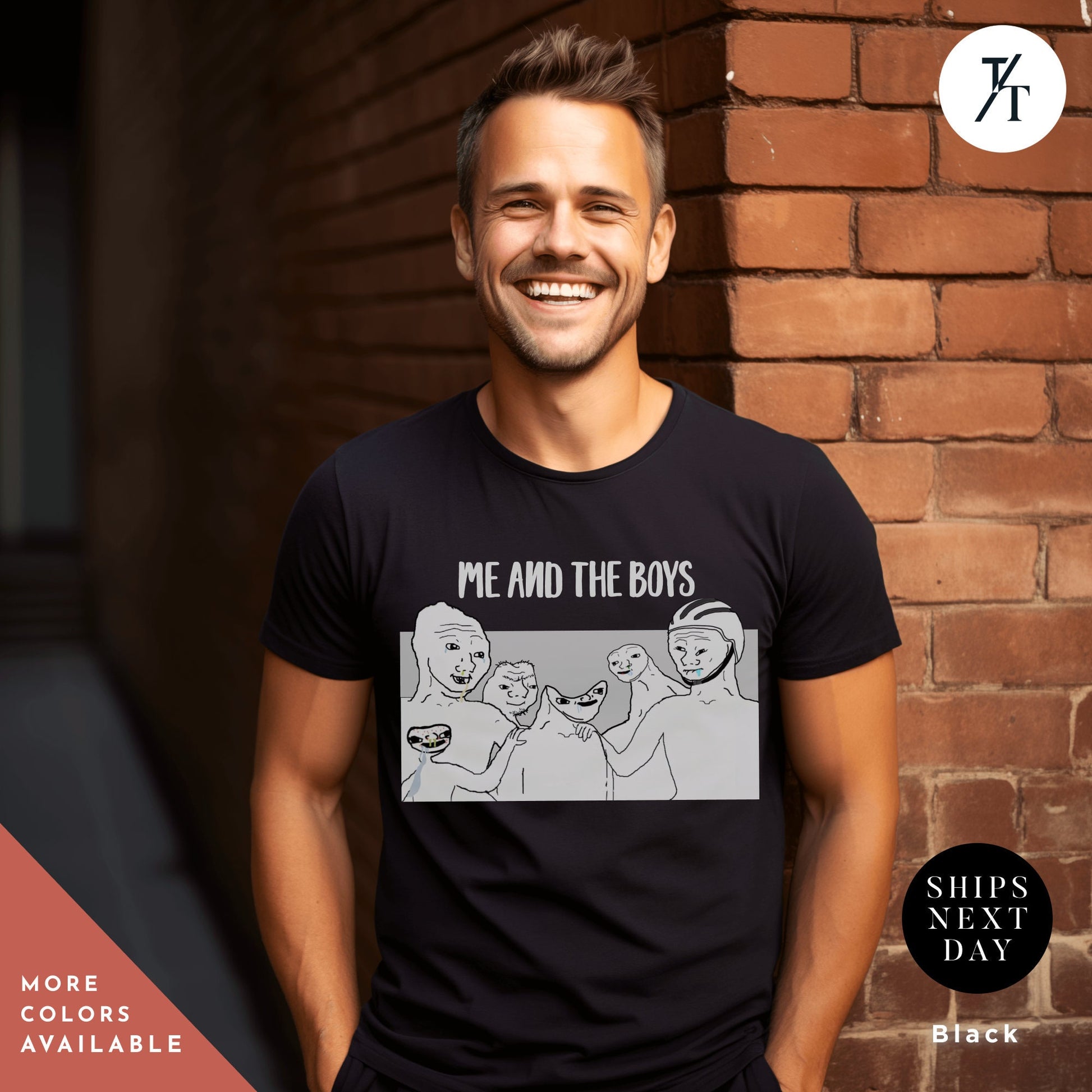 a man standing in front of a brick wall,  Ironic Parody Meme, Funny Meme Shirt, Feels Guy, Wojak Memes, Stupid Funny Memes, Greentext 4Chan, Zoomer Humor, Pepe The Frog, Weird TShirt