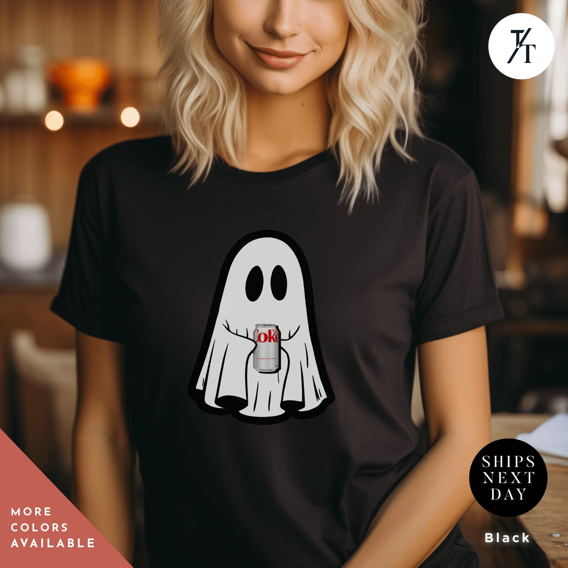 a woman wearing a black shirt with a ghost on it, Ghost Diet Coke Crewneck, Diet Coke Sweatshirt, Ghost sweatshirt with coca cola, Little Ghosts Drink Shirt, Ghosts Dr Pepper, Spooky Season