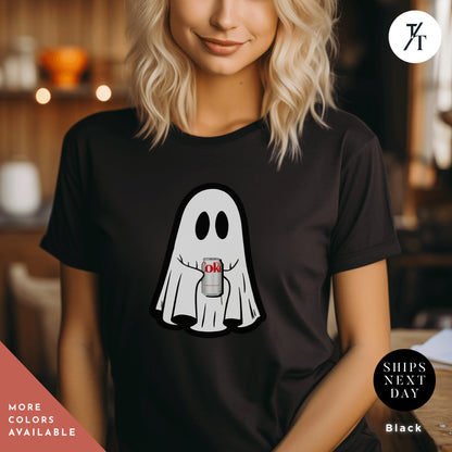 a woman wearing a black shirt with a ghost on it, Ghost Diet Coke Crewneck, Diet Coke Sweatshirt, Ghost sweatshirt with coca cola, Little Ghosts Drink Shirt, Ghosts Dr Pepper, Spooky Season