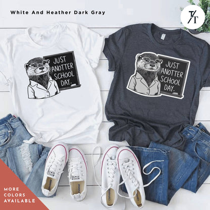 a couple of shirts that are on a table, Sea otter t-shirt, Gift For Teacher, Otter Lover Gift, Funny Teacher Shirt, Back To School Gift, Ottermom tShirt, Sea Otters tee