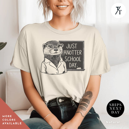 a woman sitting on a couch wearing a t - shirt that says just another school, Sea otter t-shirt, Gift For Teacher, Otter Lover Gift, Funny Teacher Shirt, Back To School Gift, Ottermom tShirt, Sea Otters tee