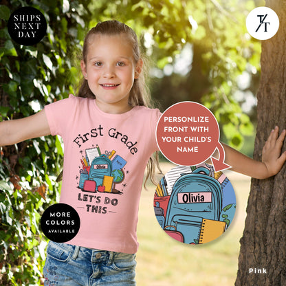 a little girl standing next to a tree, Let&#39;s do this first grade tee, Back To School Shirt, First Day Of School, First Grade Shirt, 1St Grades Shirts, 1St Day, Kids School tee
