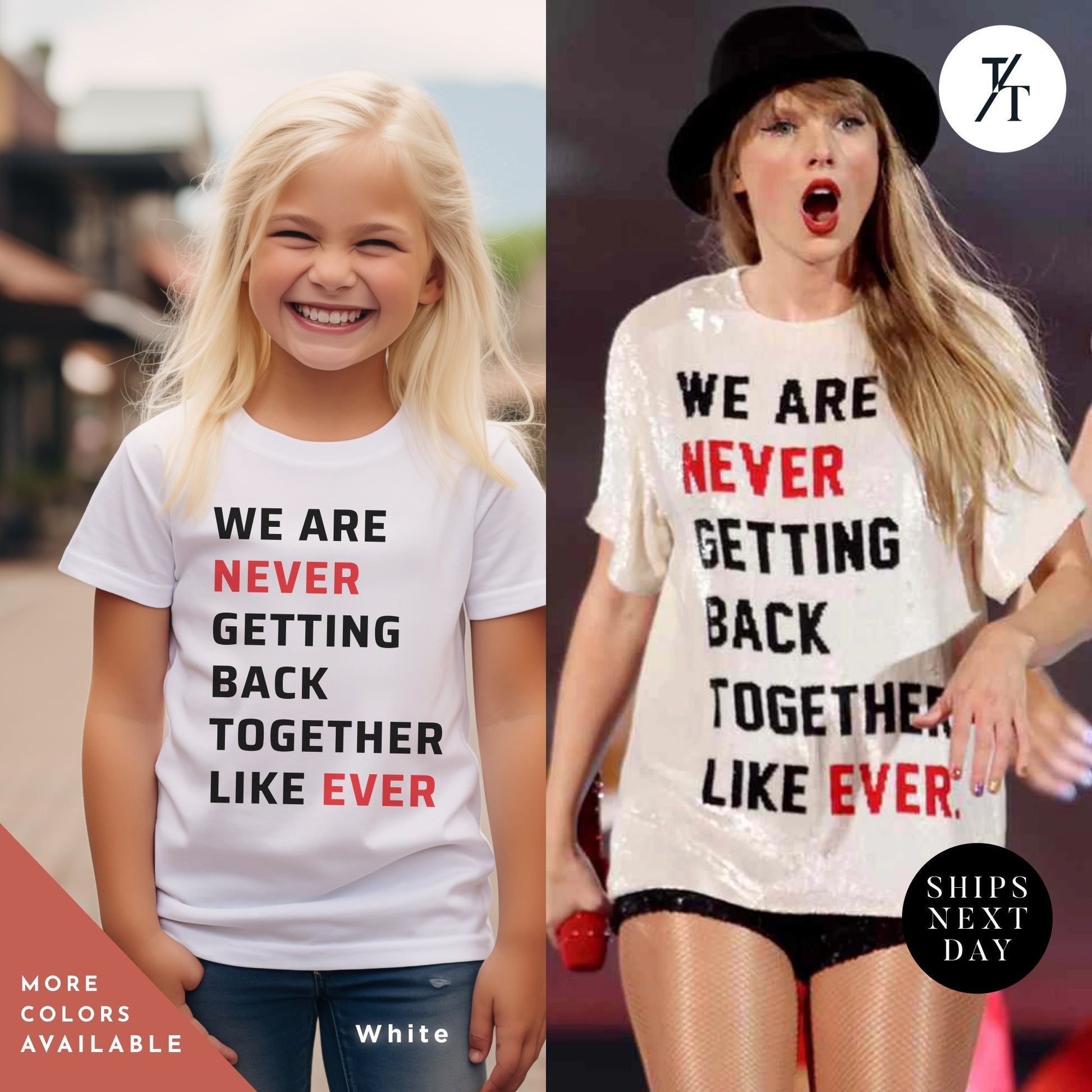 two girls wearing t - shirts that say we are never getting back together like ever, We are never getting back together tshirt kids, Back Together Tee, Swiftie Merch Kids, A Lot Going On Shirt, Never Getting Tee, Swiftie Kids