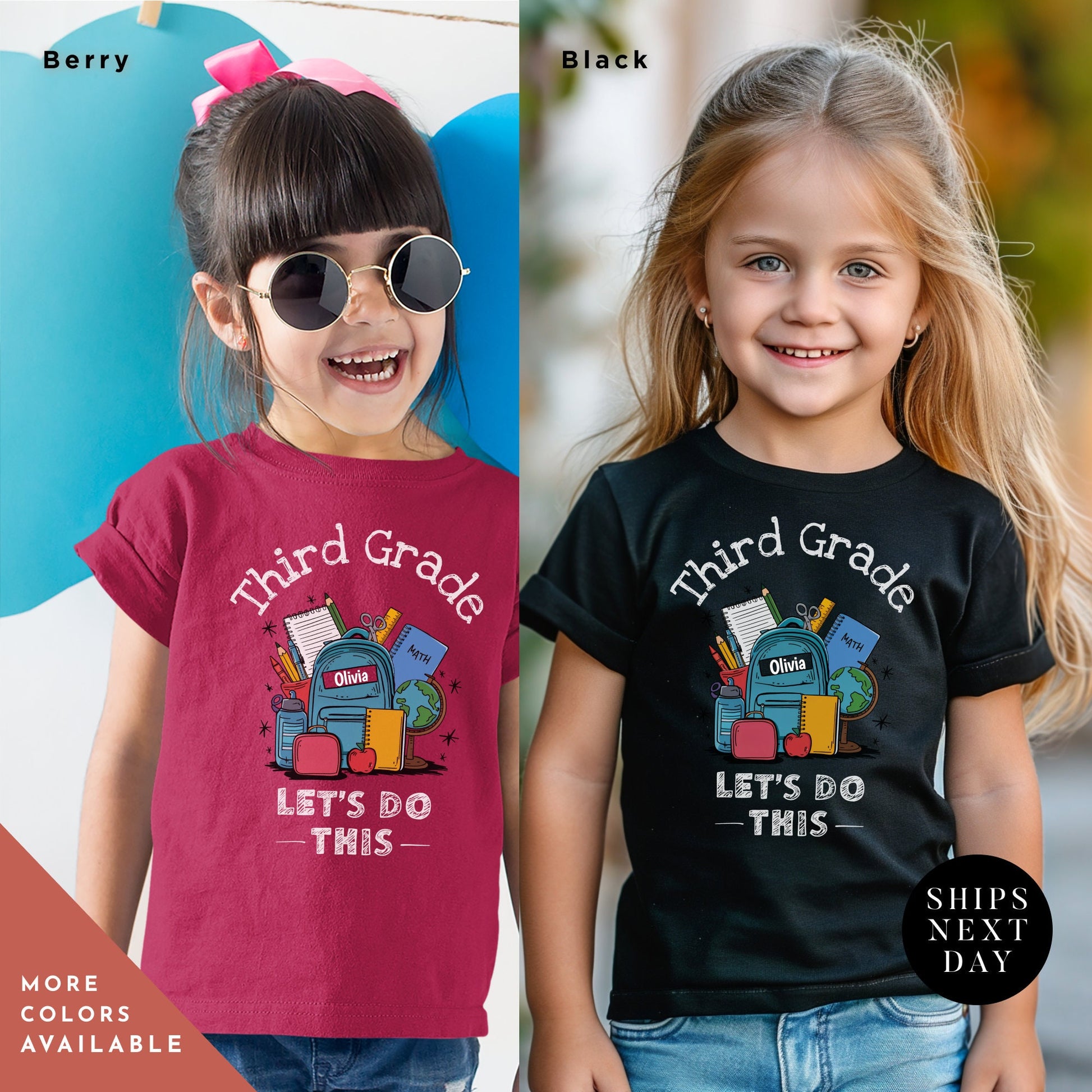two little girls wearing matching shirts and sunglasses, shirt says First day 3rd grade, lets do this, First Day Of School shirt, girl 3rd grade tee, Back To School tee, Third Grade Shirts, Hello Third Grade
