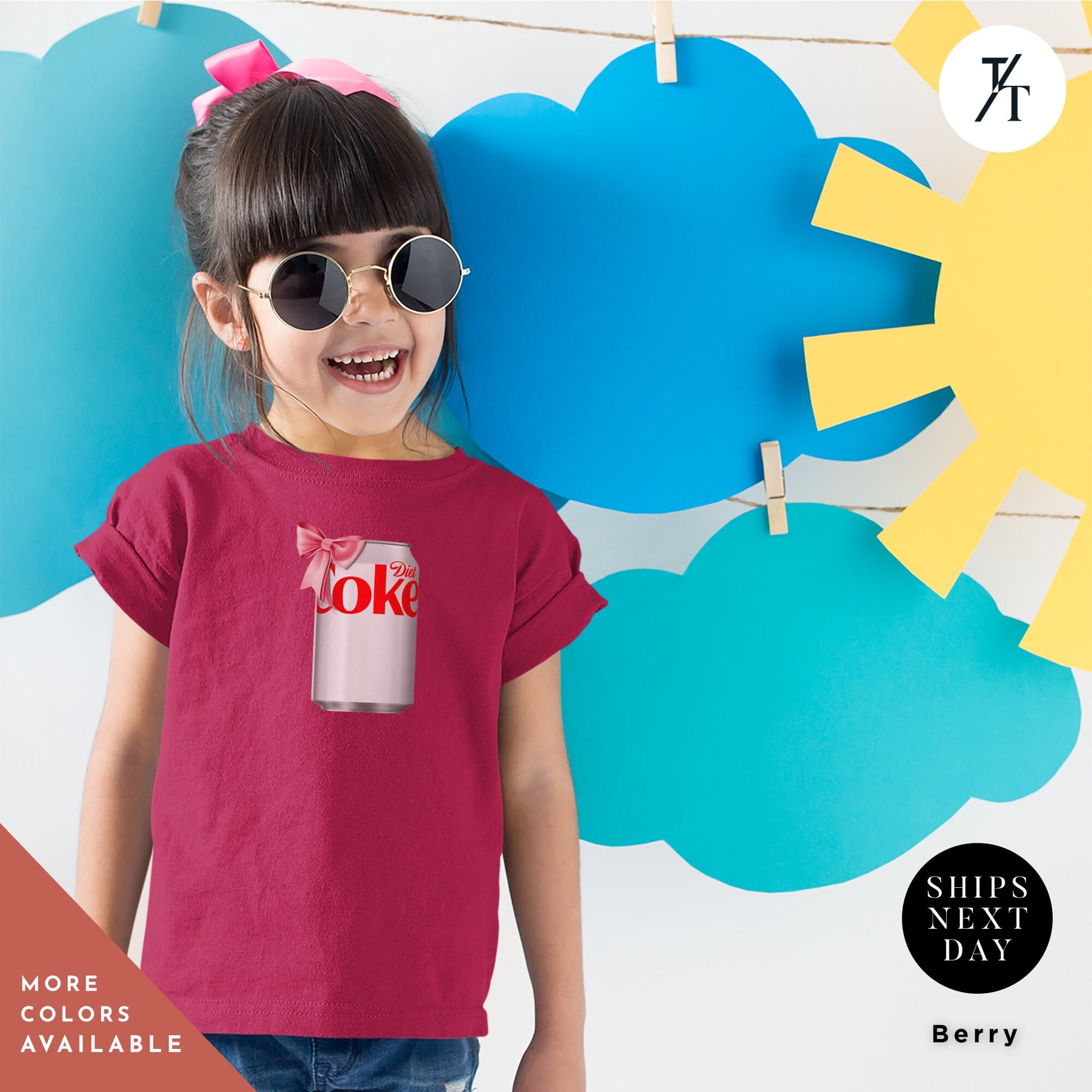 a little girl wearing a pink shirt and sunglasses, Running on Diet Coke Shirt for Kids, Girl&#39;s Trendy Pink Bow Diet Coke Can tee, Children&#39;s youth Back To School Shirt, Kids Coca Cola T-Shirt