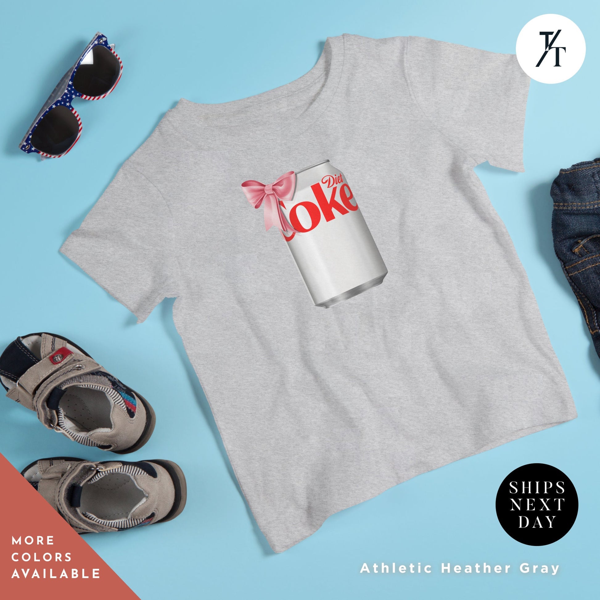 a t - shirt with a can of coke on it, Running on Diet Coke Shirt for Kids, Girl&#39;s Trendy Pink Bow Diet Coke Can tee, Children&#39;s youth Back To School Shirt, Kids Coca Cola T-Shirt