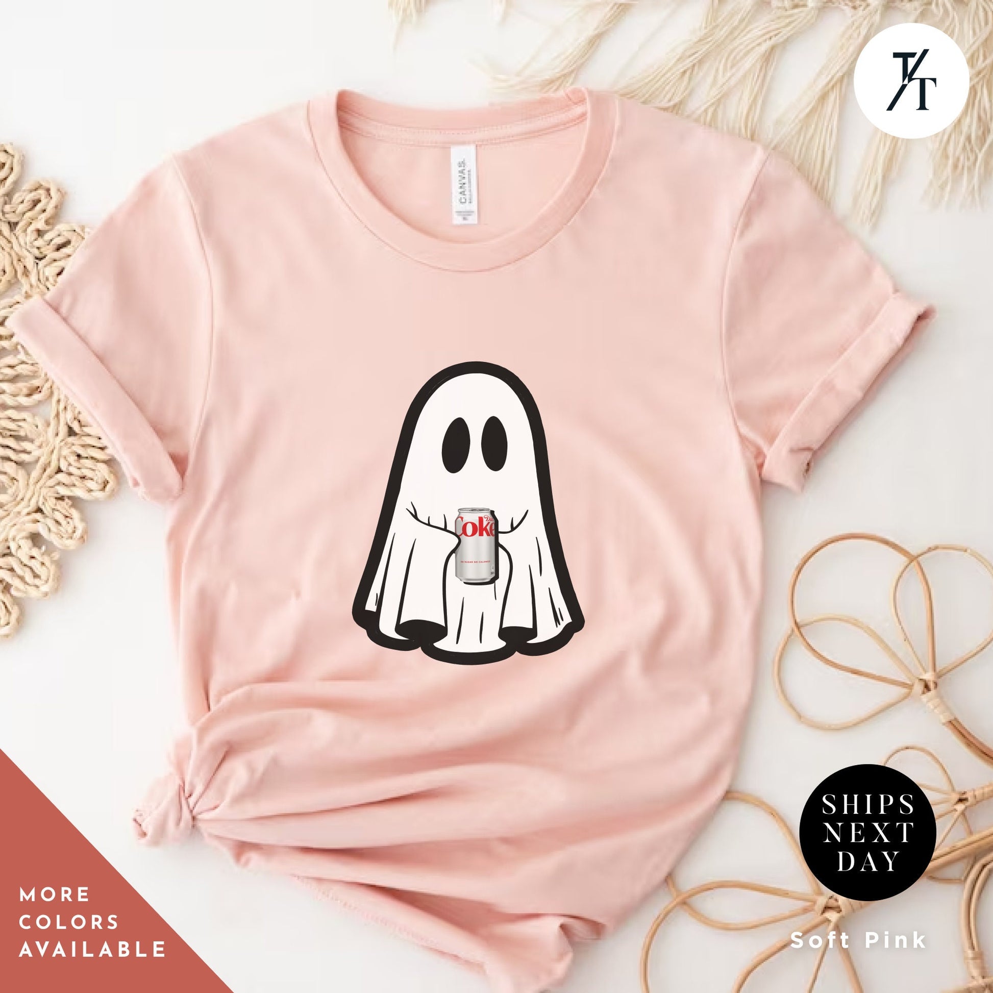 a pink t - shirt with a ghost on it, Ghost Diet Coke Crewneck, Diet Coke Sweatshirt, Ghost sweatshirt with coca cola, Little Ghosts Drink Shirt, Ghosts Dr Pepper, Spooky Season