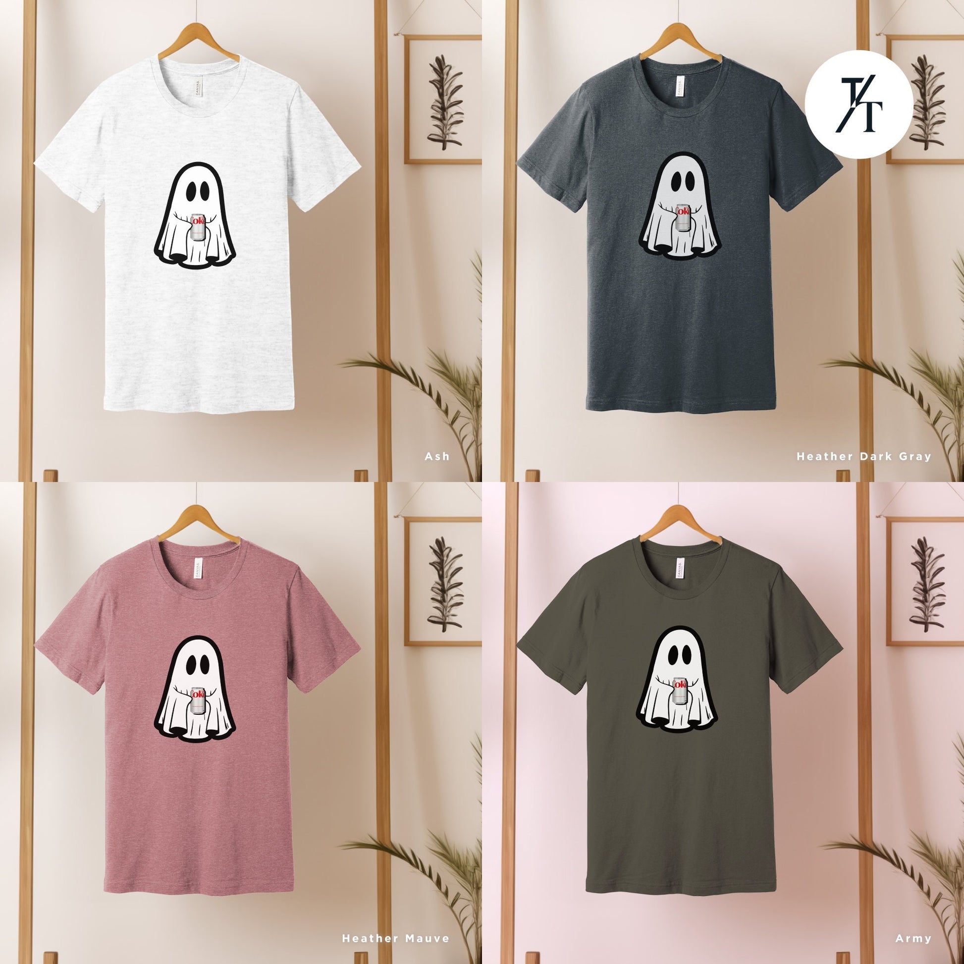 four t - shirts with ghost faces on them, Ghost Diet Coke Crewneck, Diet Coke Sweatshirt, Ghost sweatshirt with coca cola, Little Ghosts Drink Shirt, Ghosts Dr Pepper, Spooky Season