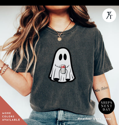 a woman wearing a t - shirt with a ghost on it