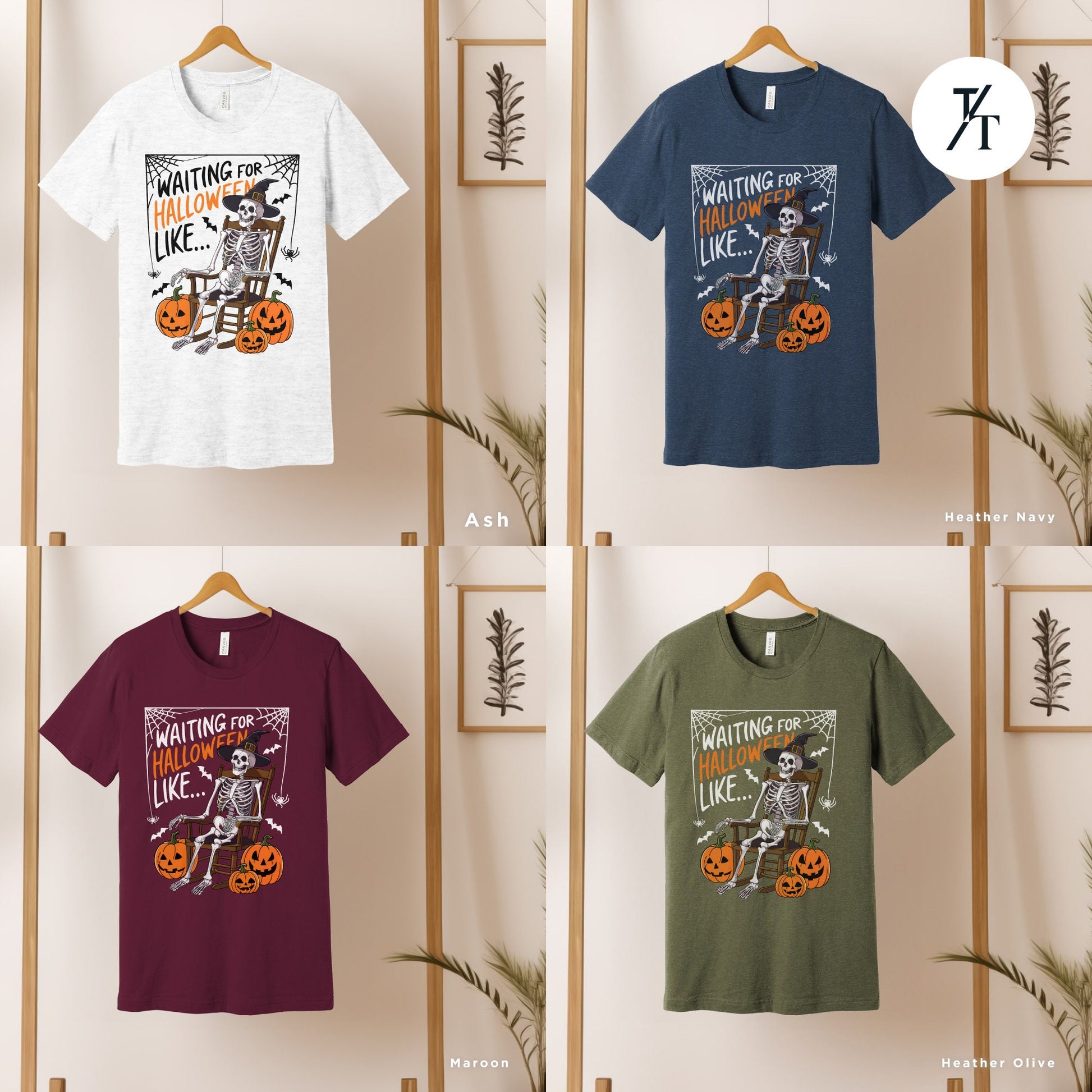 a group of t - shirts hanging on a wall, Waiting for halloween like shirt halloweentshirt, Skeleton Halloween Adult Humor spooky Season Shirt, Fall Pumpkin tee, Skeleton Bat Witch