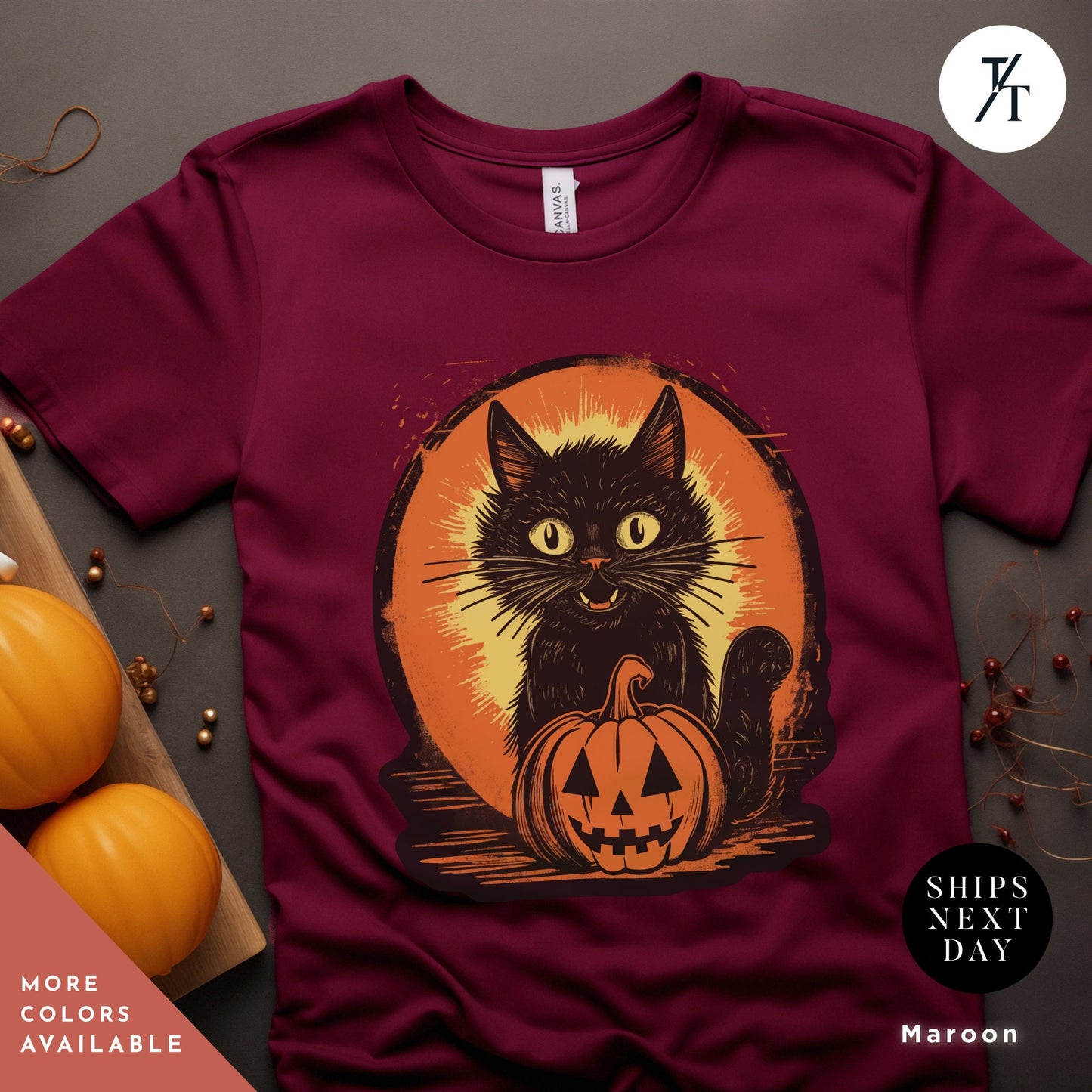 a t - shirt with a black cat sitting on a pumpkin, Long live halloween Vintage Black Cat Shirt, retro Black Cat Halloween Creepy Cute Shirt, Gift For Cat Lover, Trick Or Treat halloweenshirt